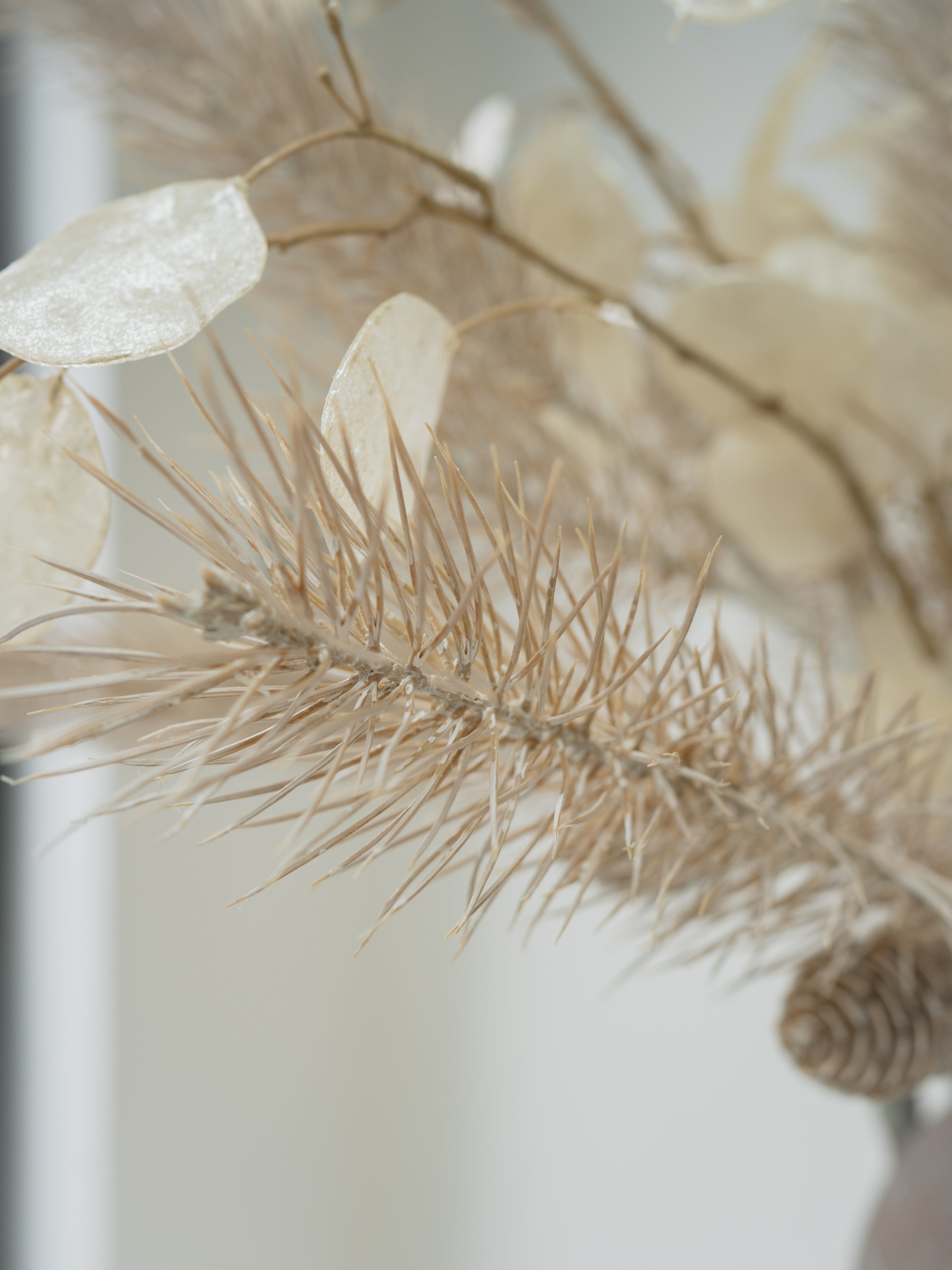 Faux White Washed Pine and Golden Silver Dollar Floral Arrangement