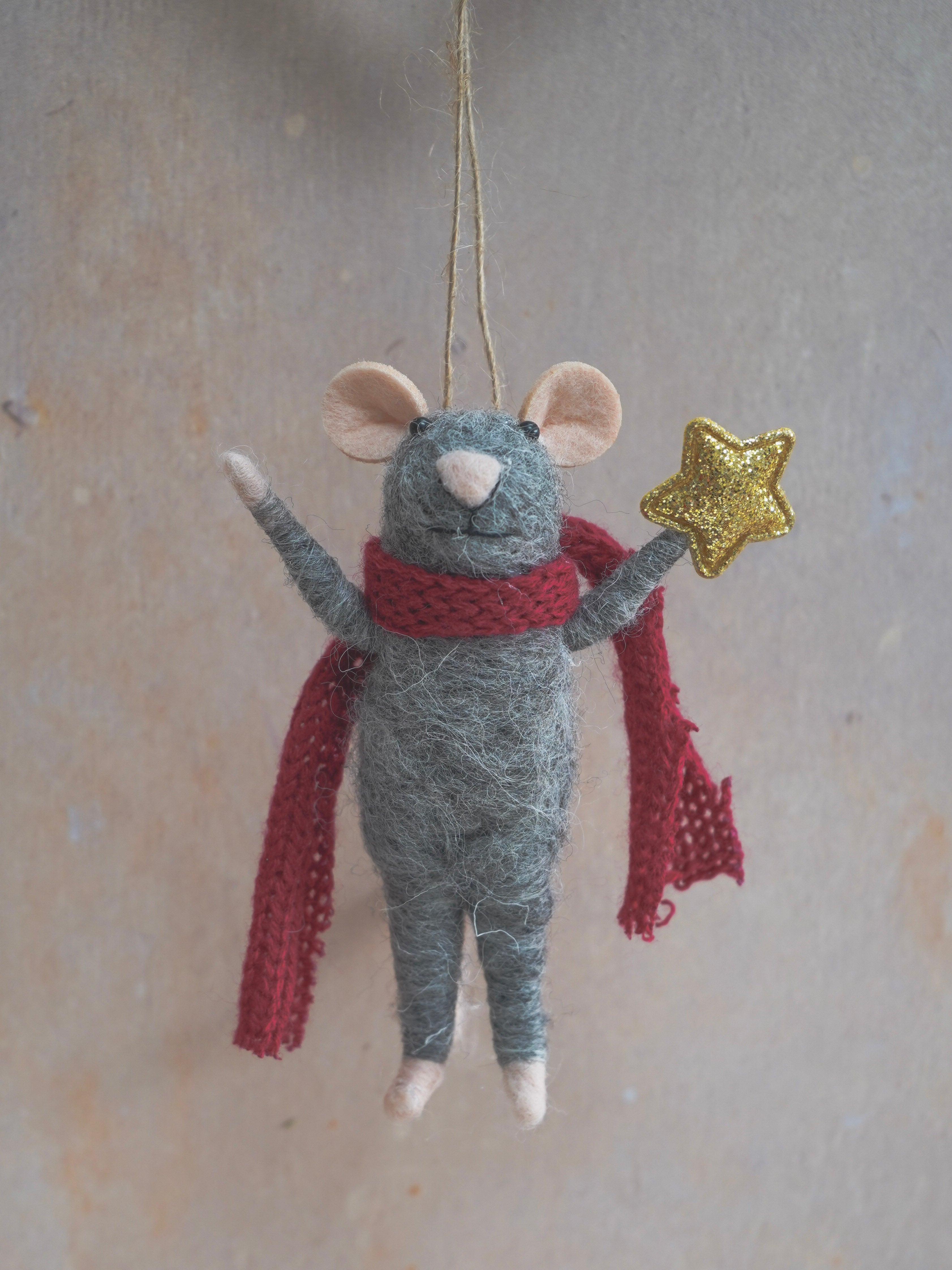 Felt Mouse with Red Scarf and Star Christmas Tree Decoration