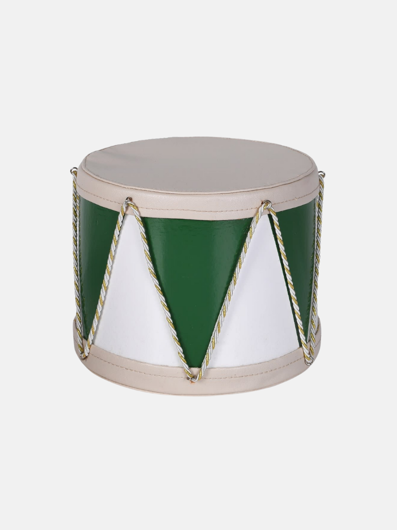 Decorative drum with green and white design on a light gray background