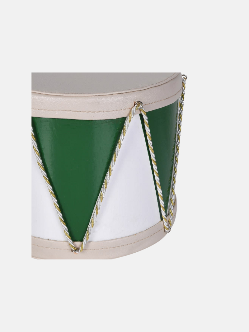 Decorative cylindrical container with green, white, and beige design on a white background