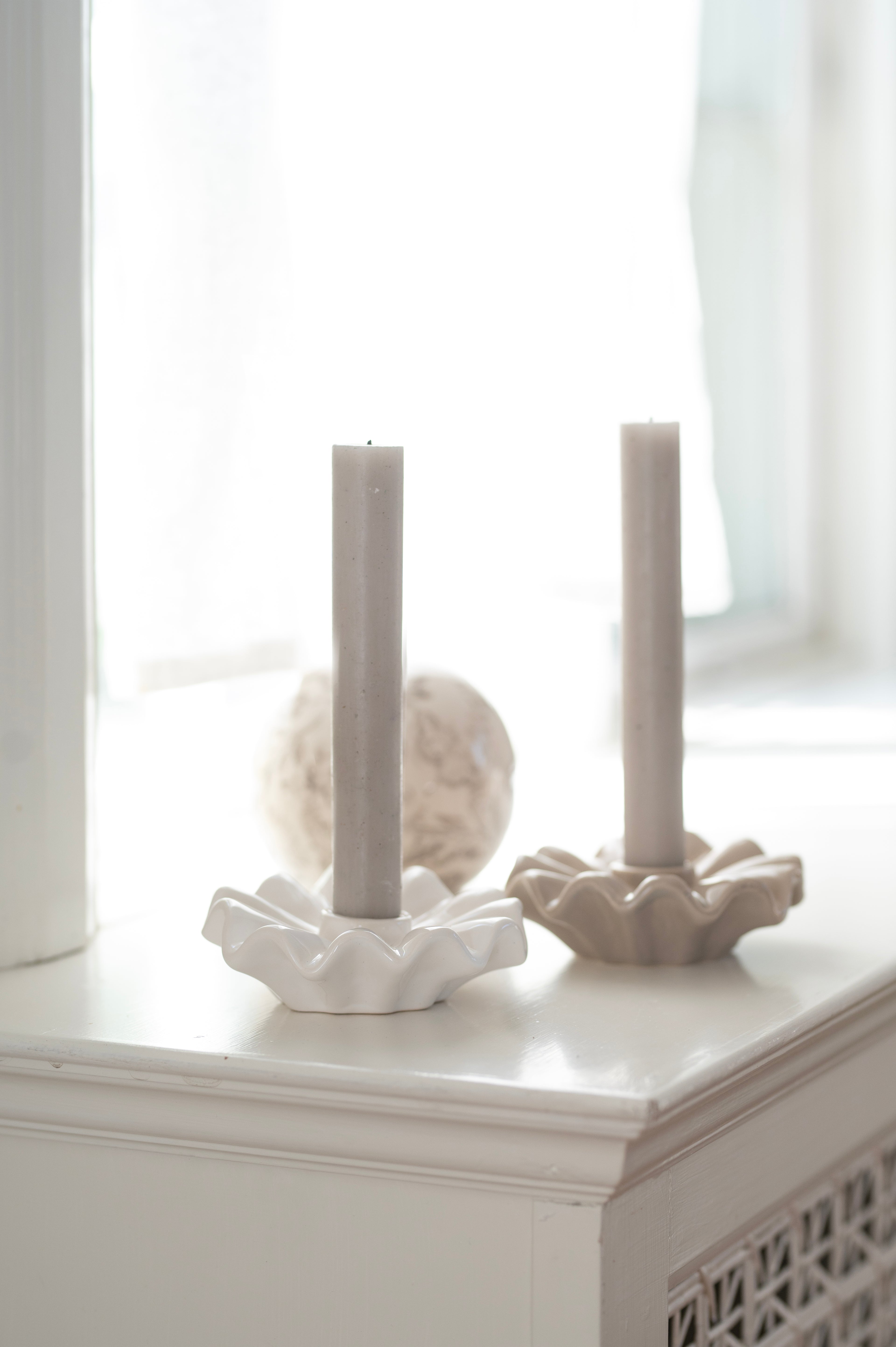 Frilly Beige Ceramic Dinner Candle Holder
