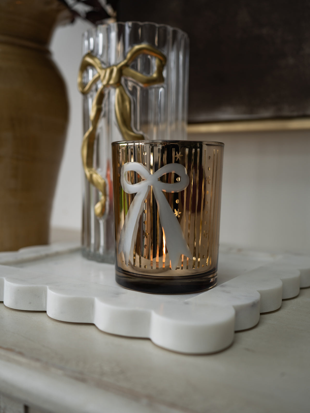 Glass Golden Bow Candle Holder