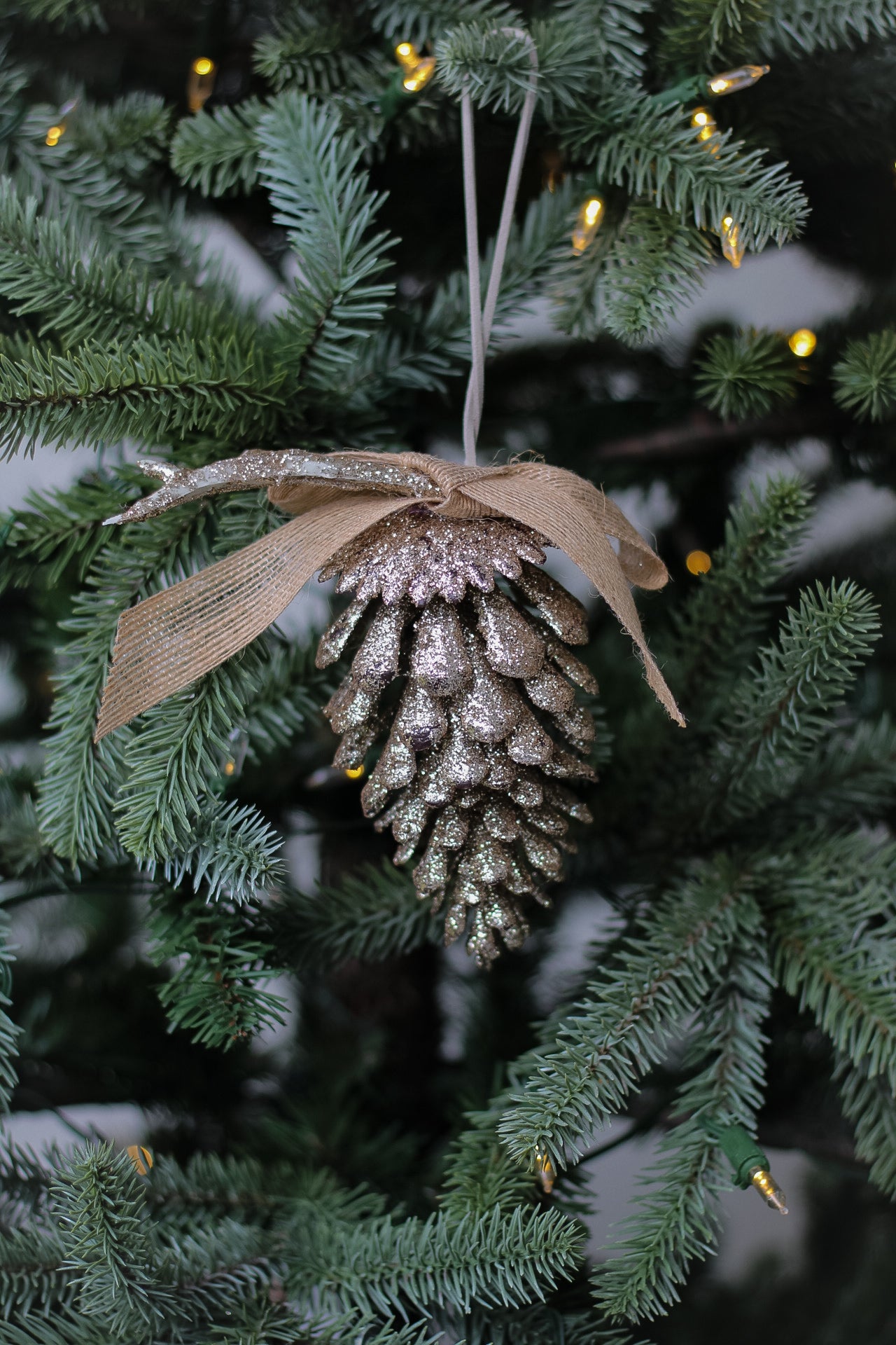 Gold Glitter Pine Cone With Hessian Bow Tree Hanger