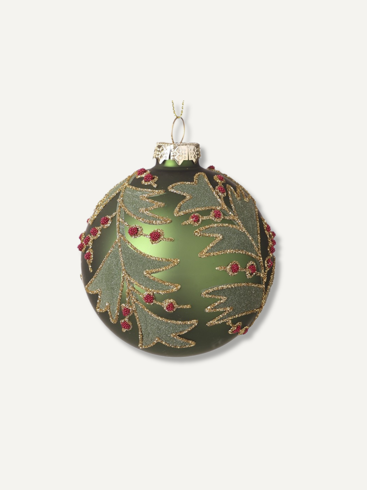 Green Glass Holly Leaves and Berries Christmas Tree Bauble