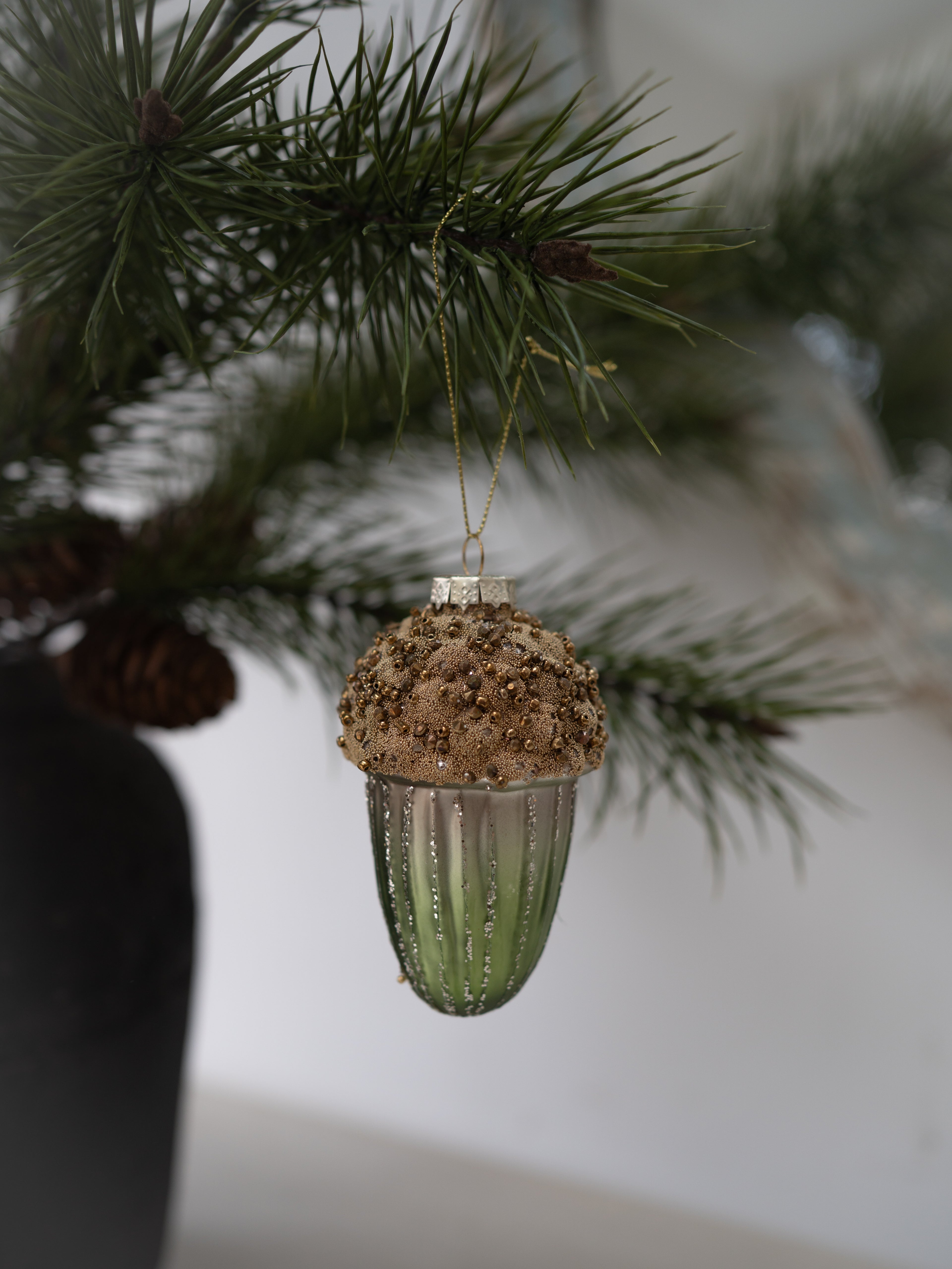 Green and Gold Beaded Acorn Christmas Bauble