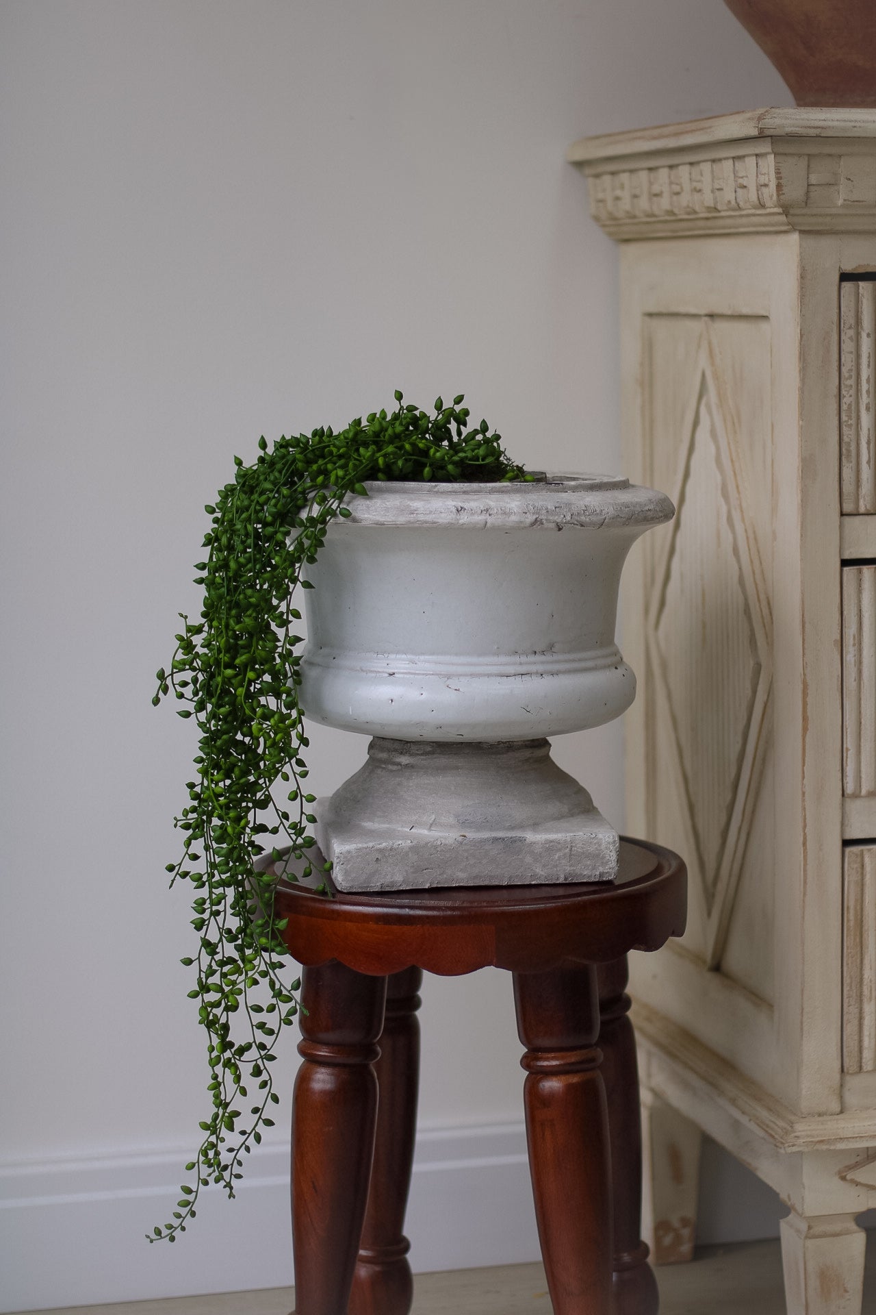 Decorative stone urn with trailing greenery on a wooden stool against a white wall.