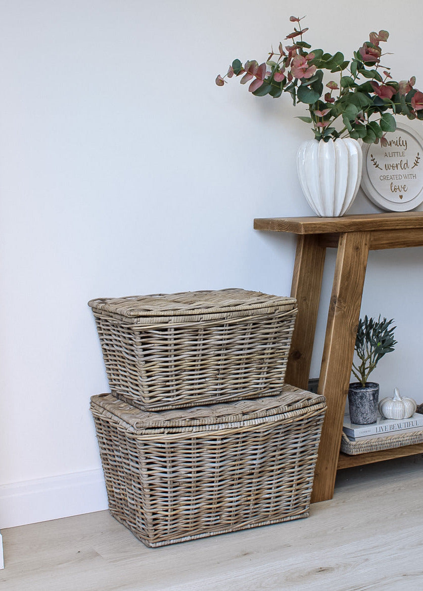 Grey Washed Lidded Rattan Wicker Basket