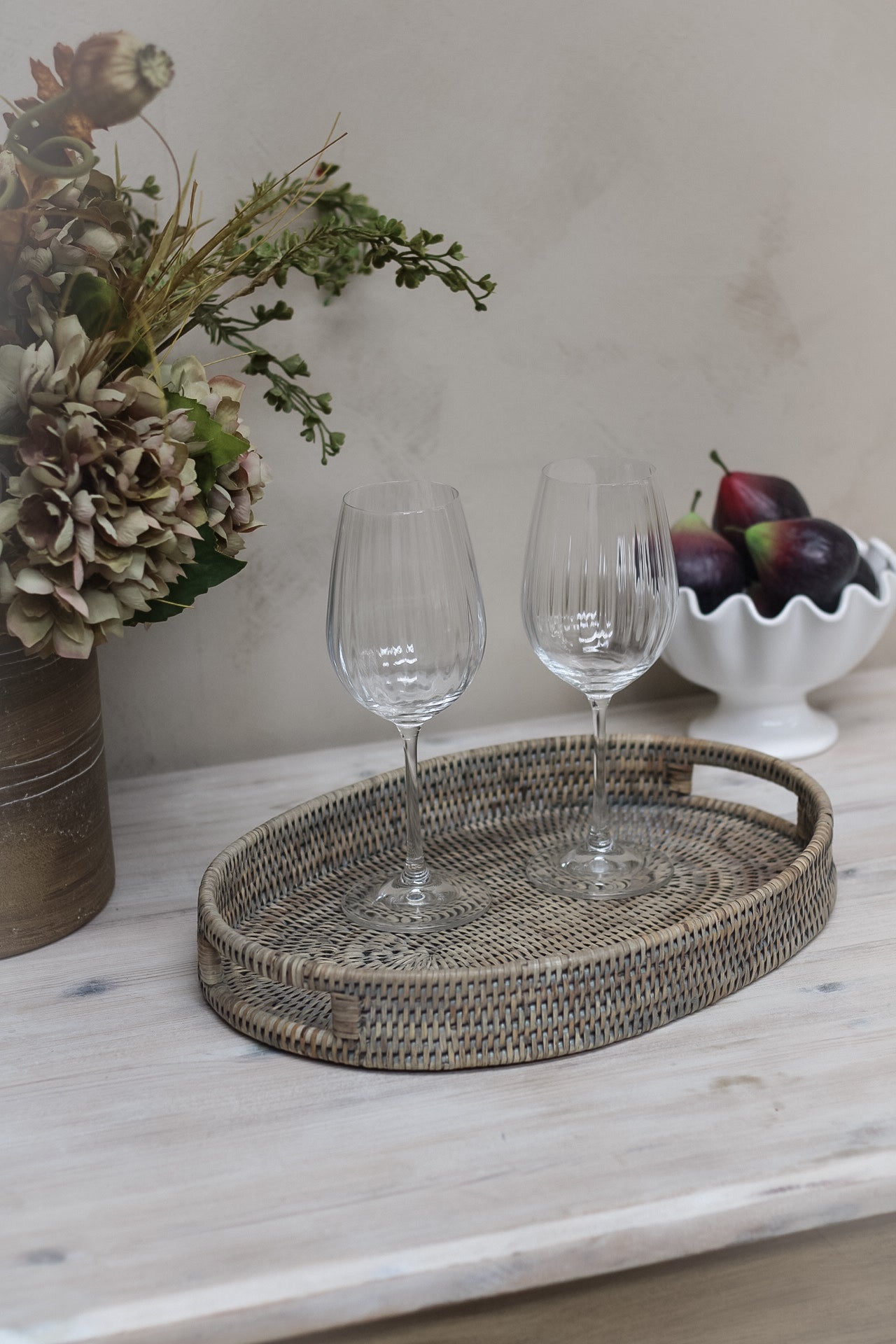 Grey Washed Natural Rattan Oval Drinks Tray