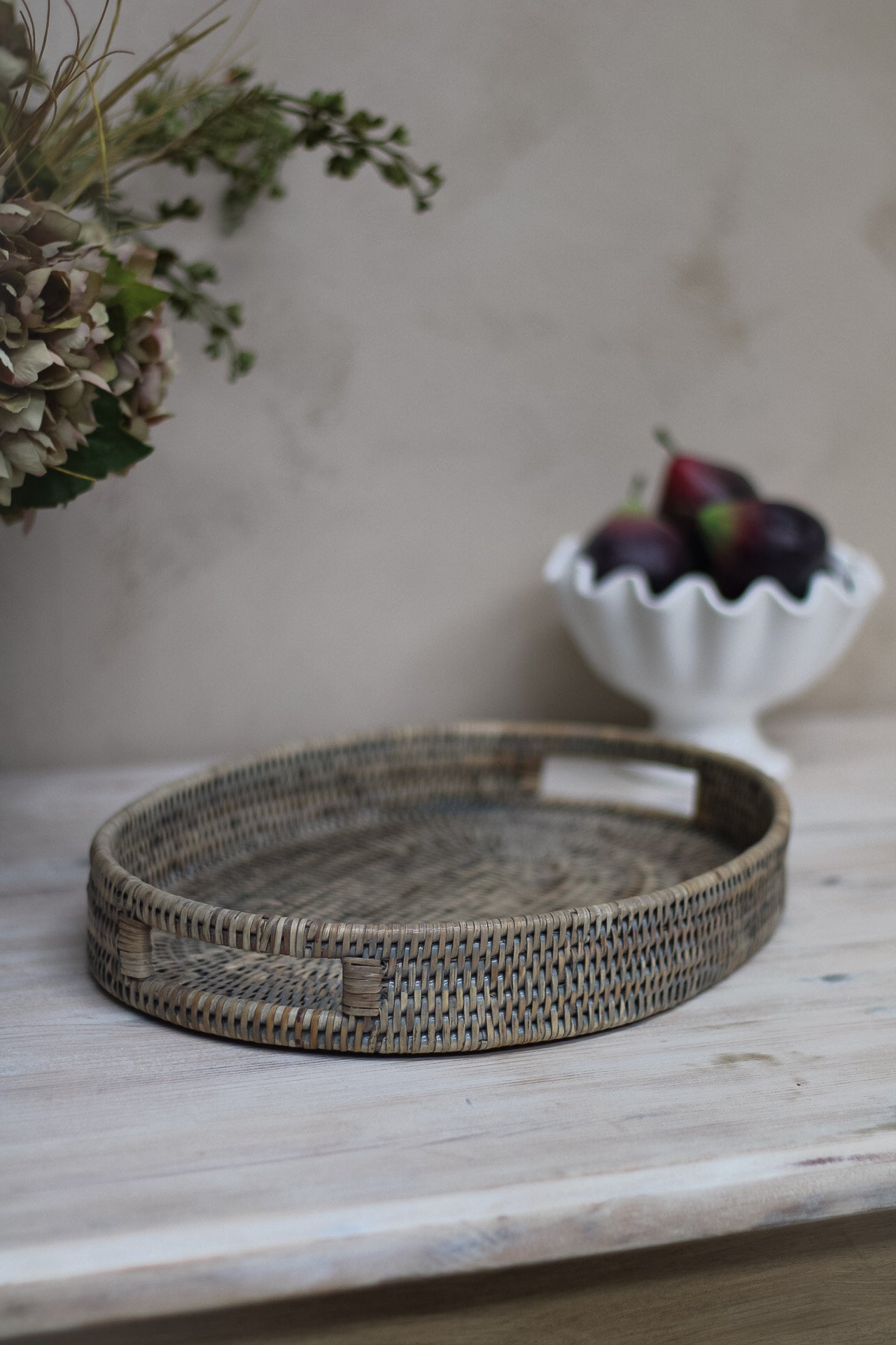 Grey Washed Natural Rattan Oval Drinks Tray