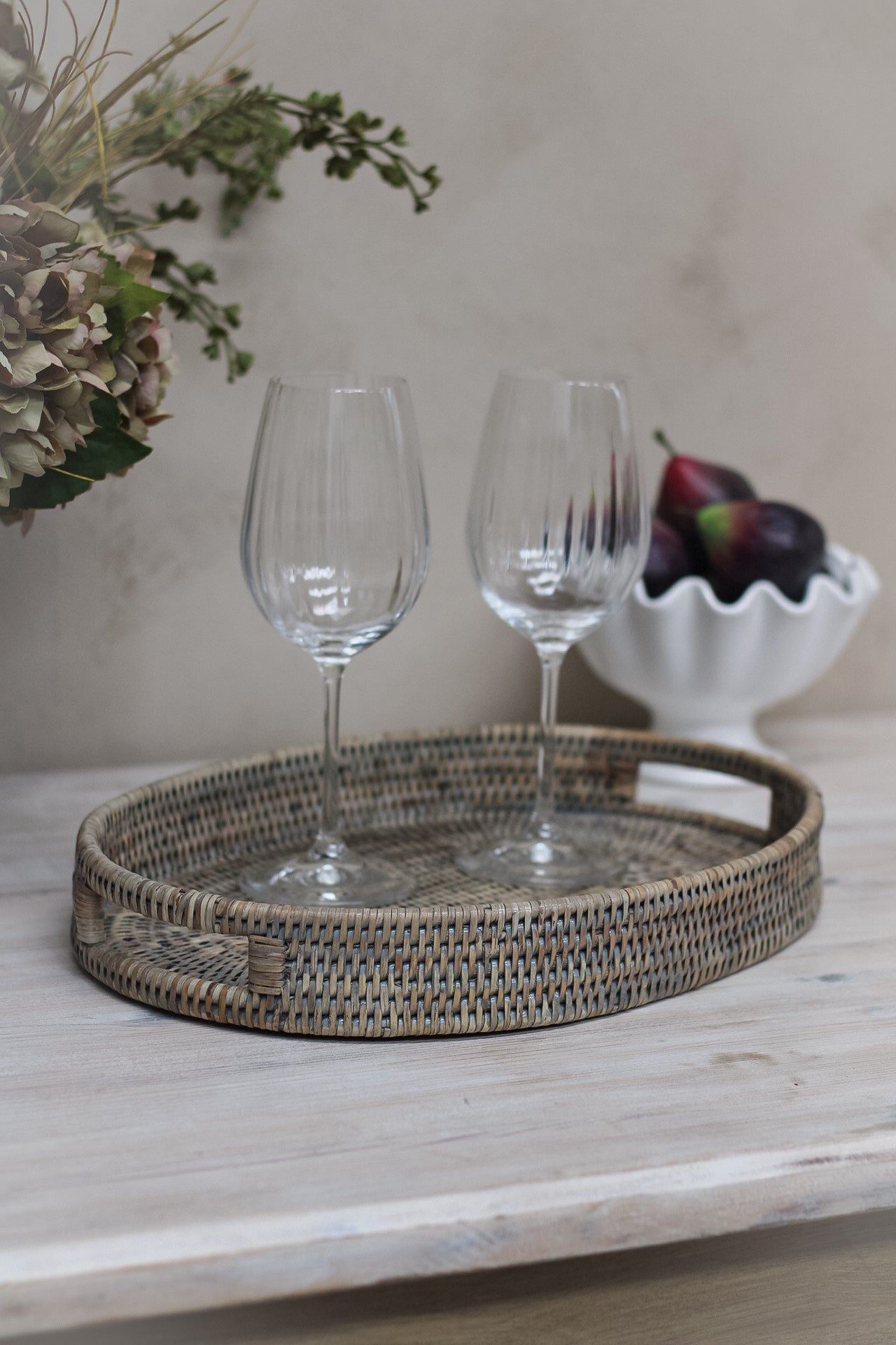 Grey Washed Natural Rattan Oval Drinks Tray