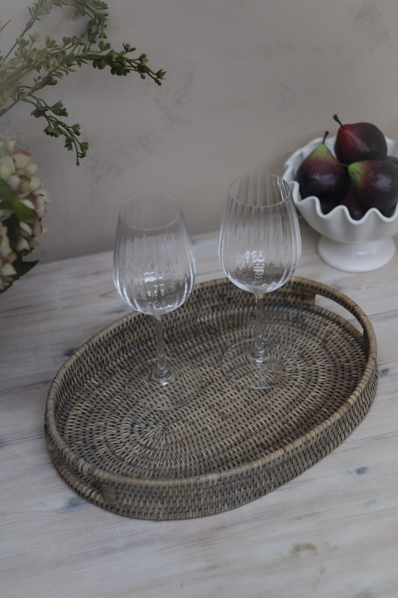 Grey Washed Natural Rattan Oval Drinks Tray