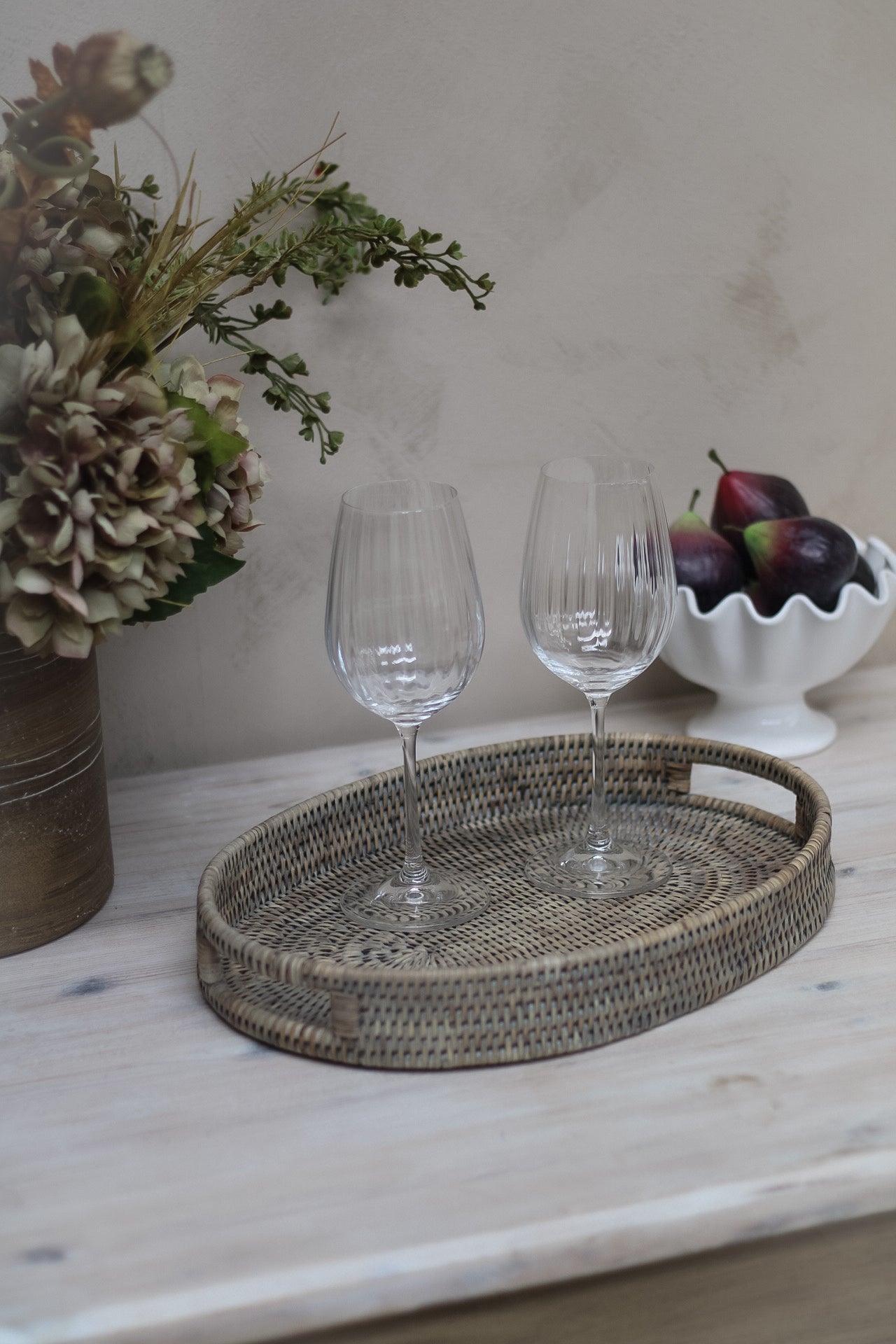 Grey Washed Natural Rattan Oval Drinks Tray