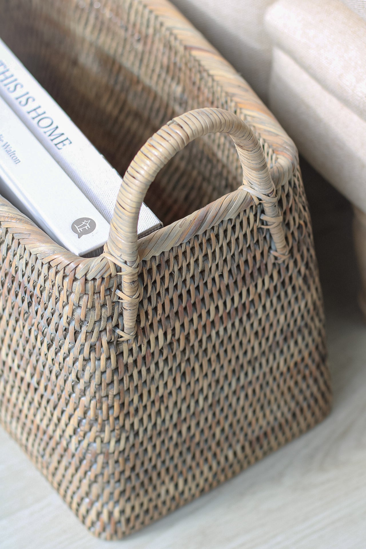 Up close of narrow rattan basket
