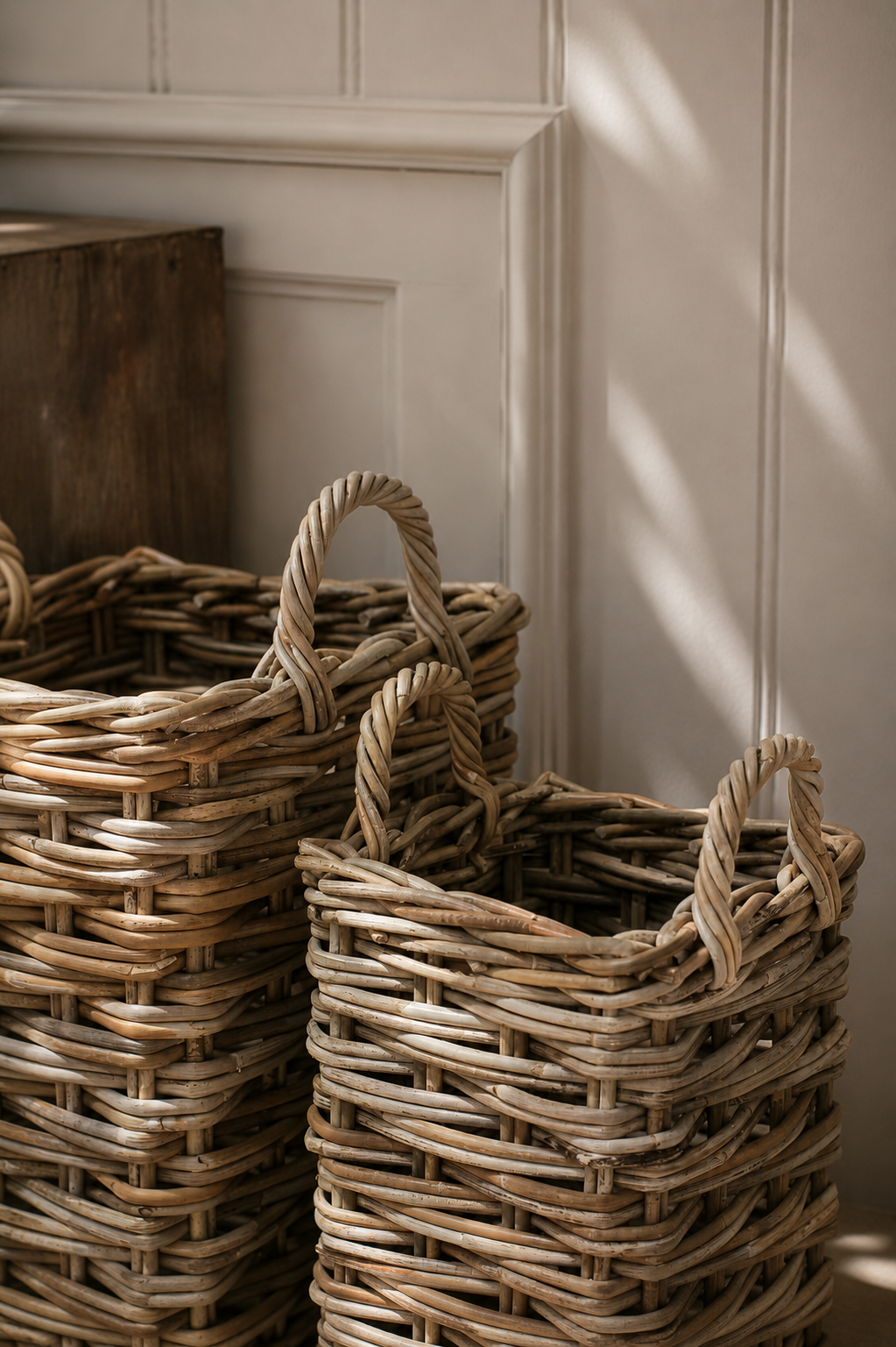 Two woven umbrella baskets with handles against a neutral wall.