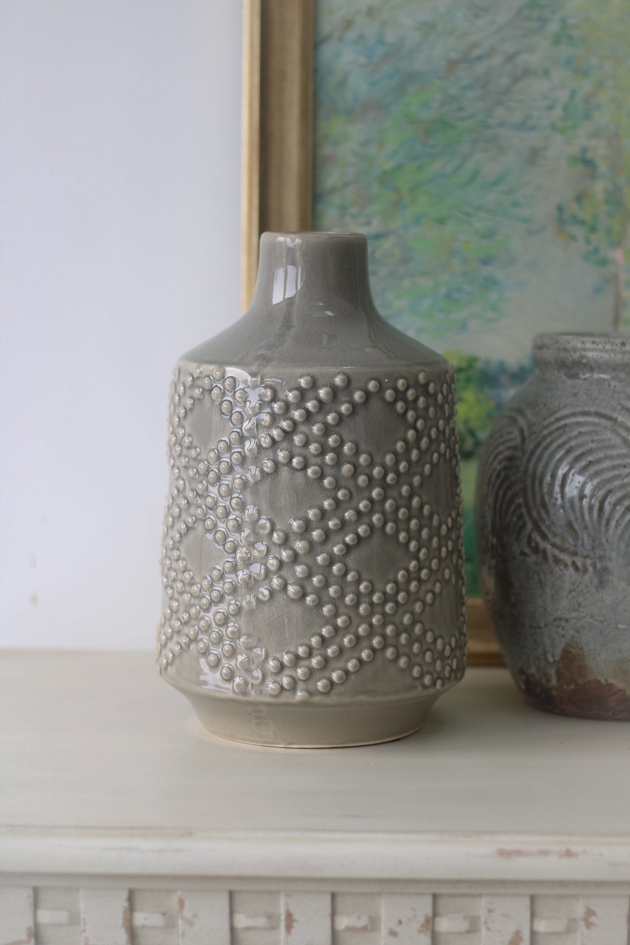 grey ceramic vase with embossed dotty pattern