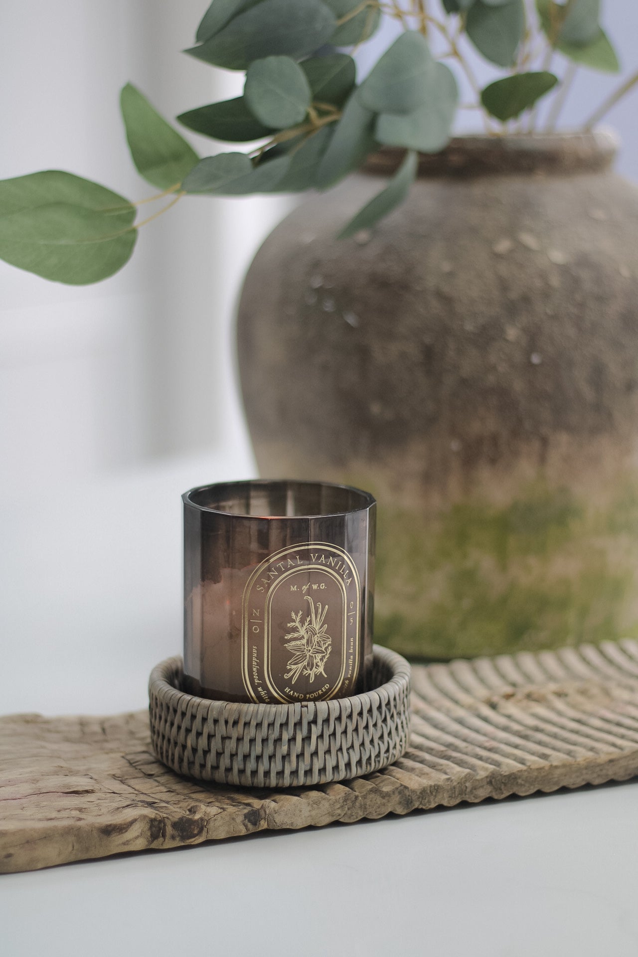 Grey washed rattan candle coaster