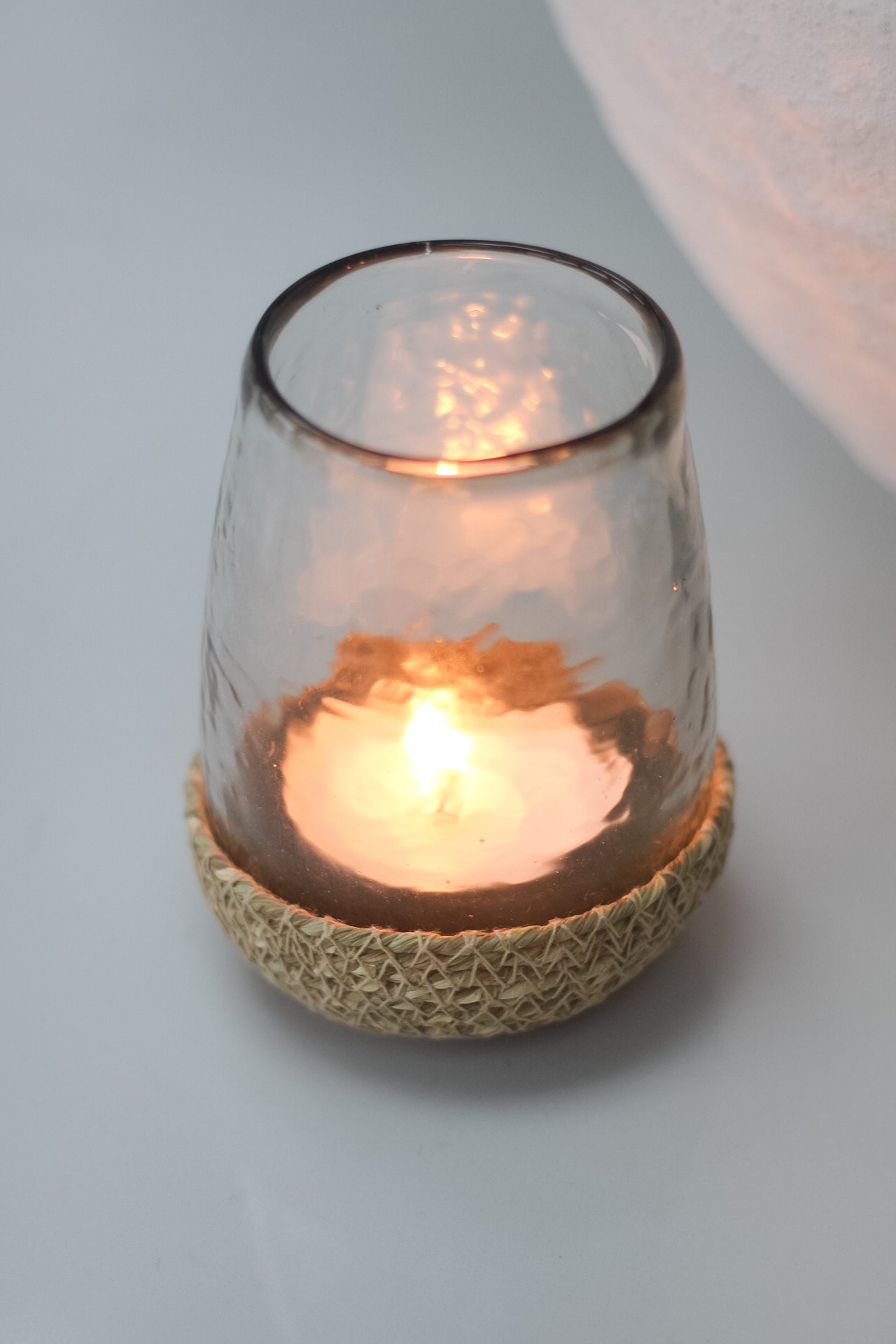 Hammered Glass Tea Light in Rustic Jute Basket