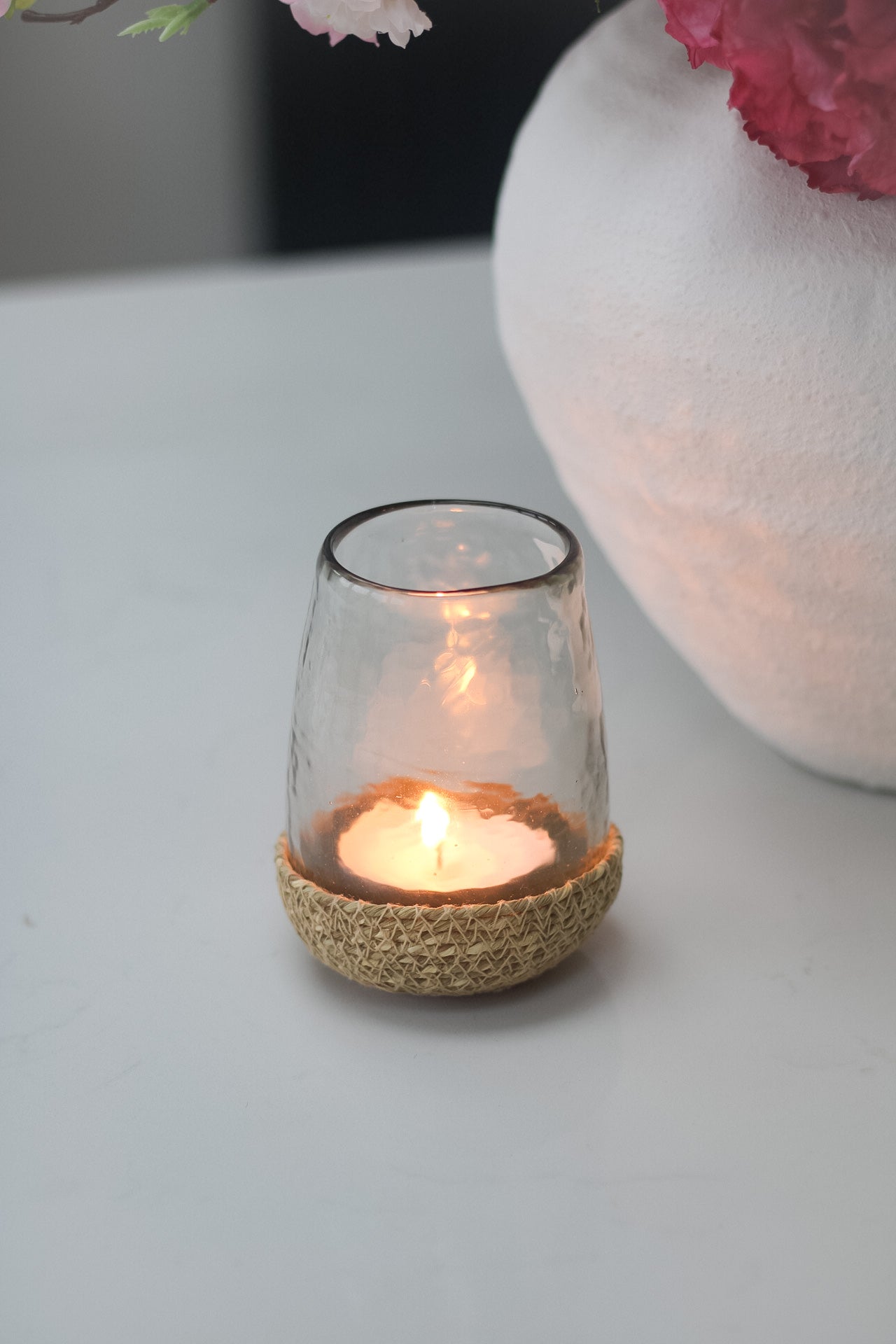 Hammered Glass Tea Light in Rustic Jute Basket