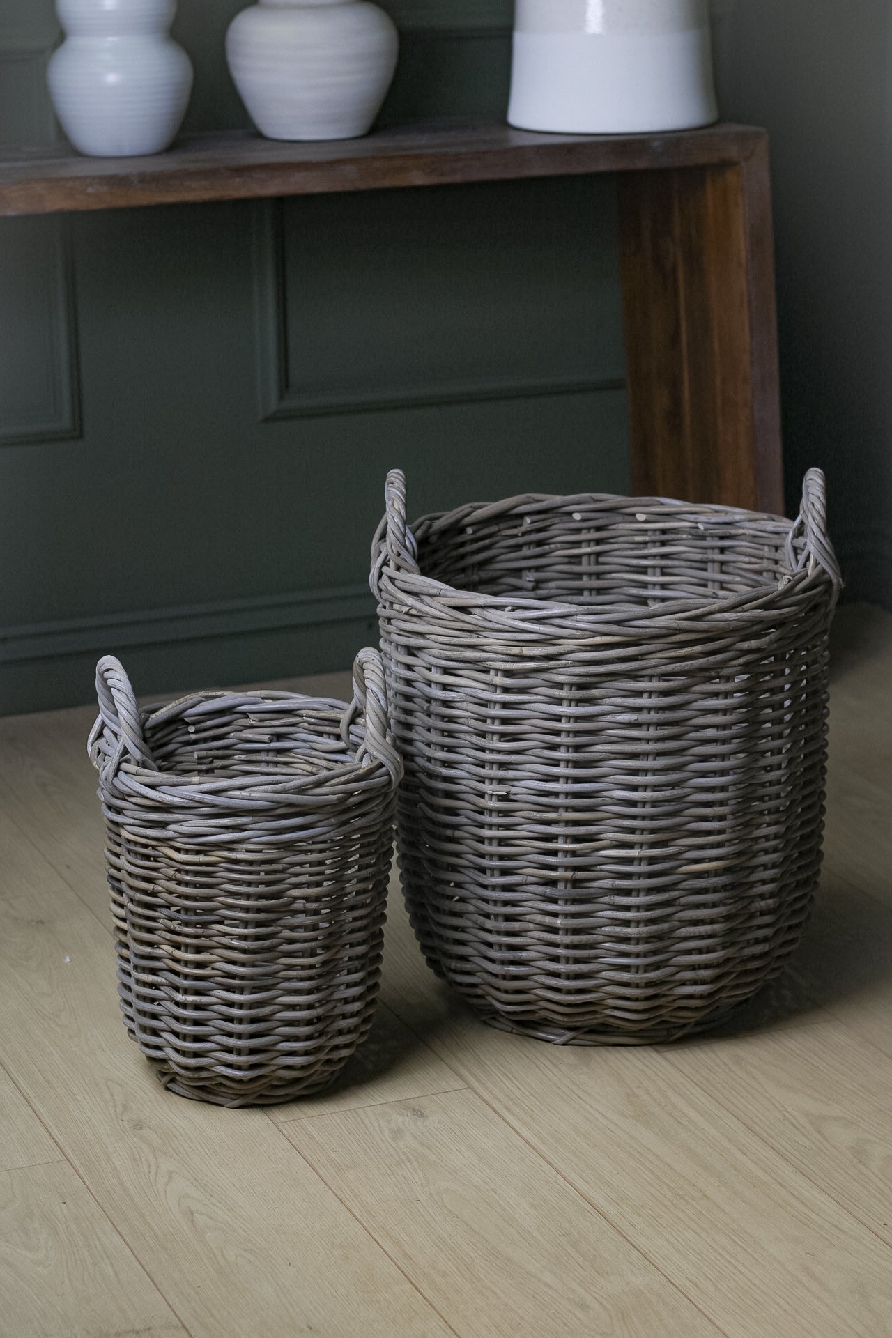 Round Rustic Grey Washed Rattan Storage Basket