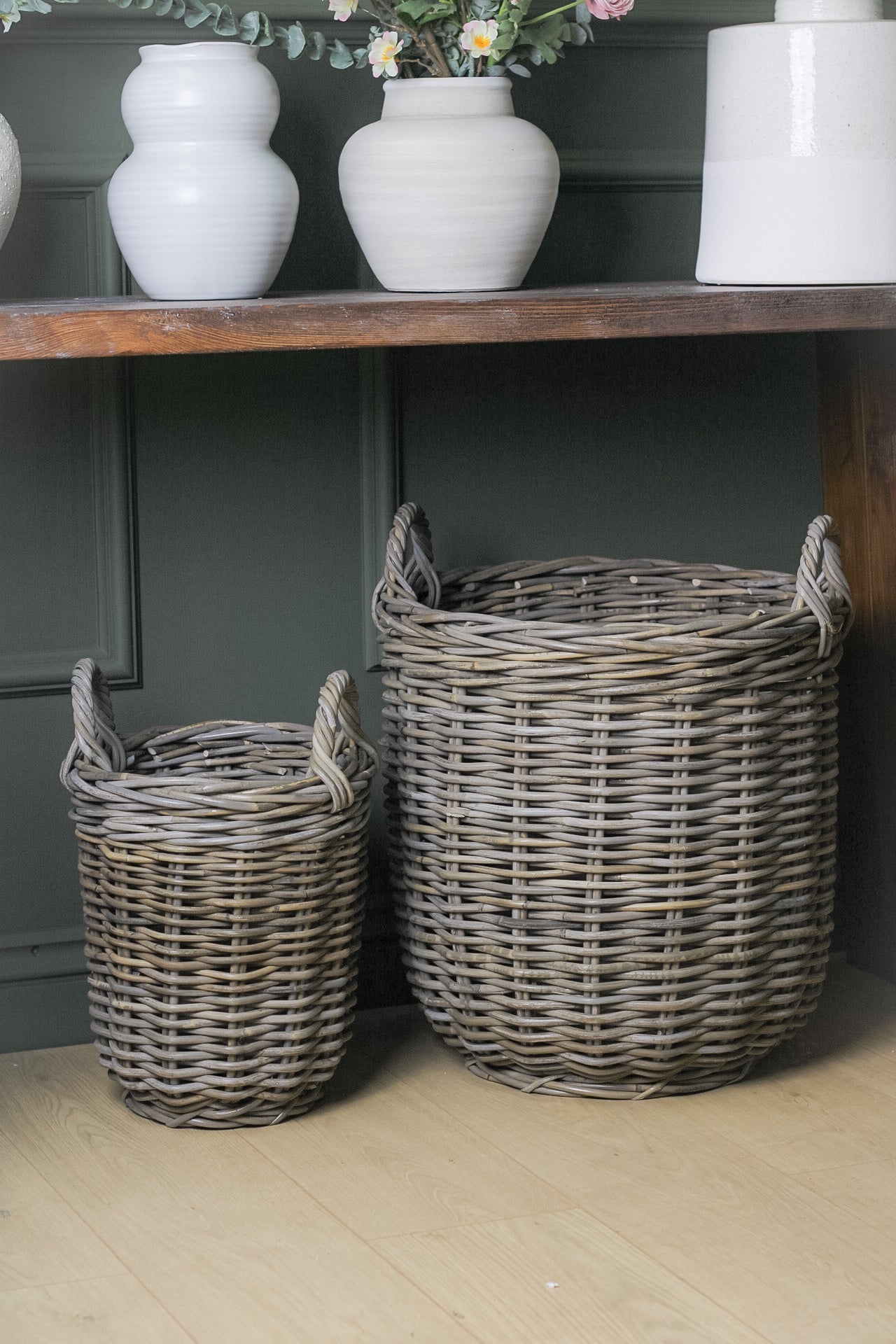 Round Rustic Grey Washed Rattan Storage Basket