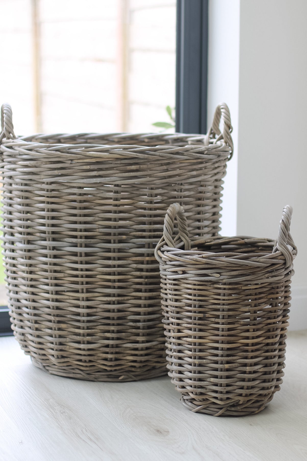 Round Rustic Grey Washed Rattan Storage Basket