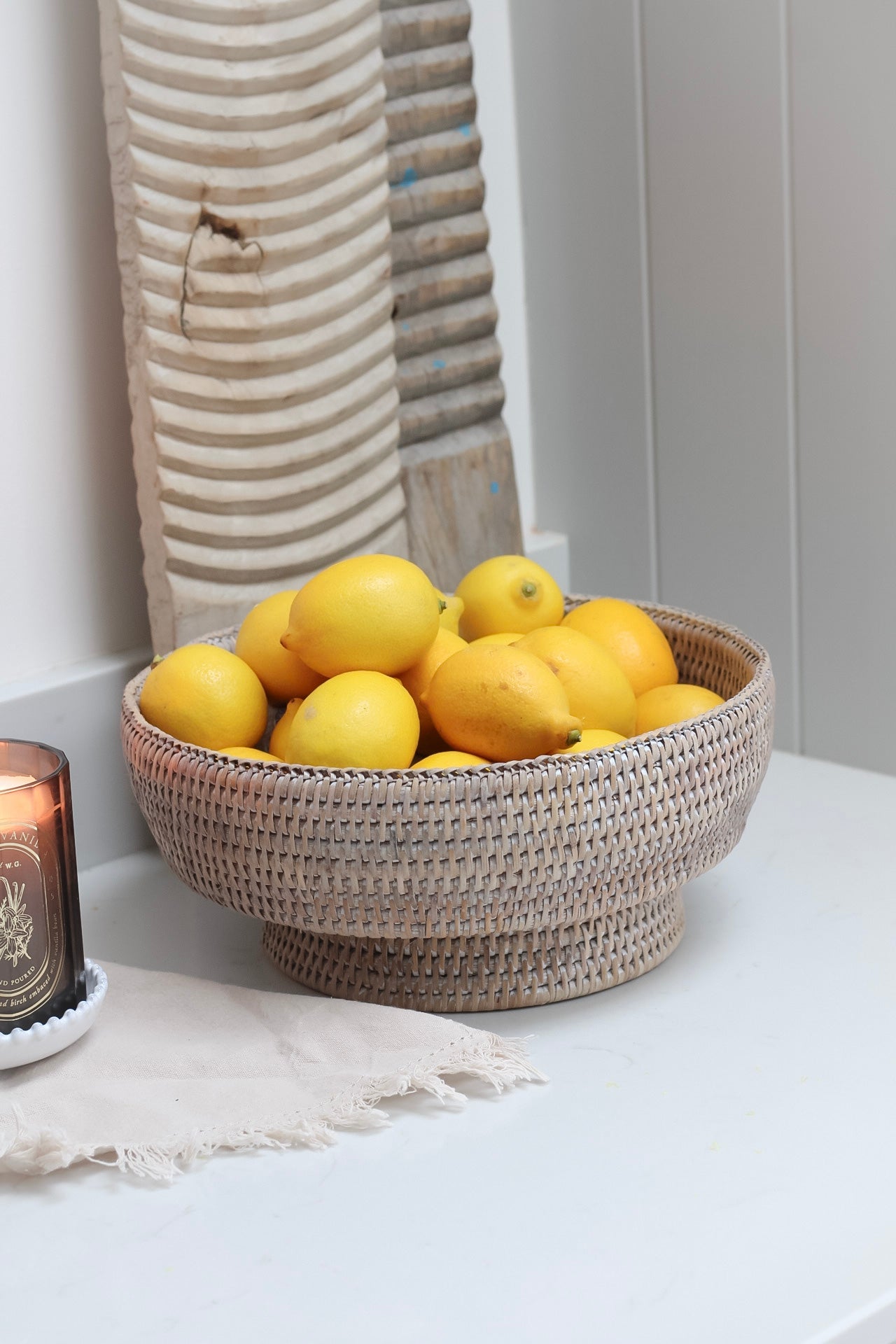 White Washed rattan fruit Bowl for home decor