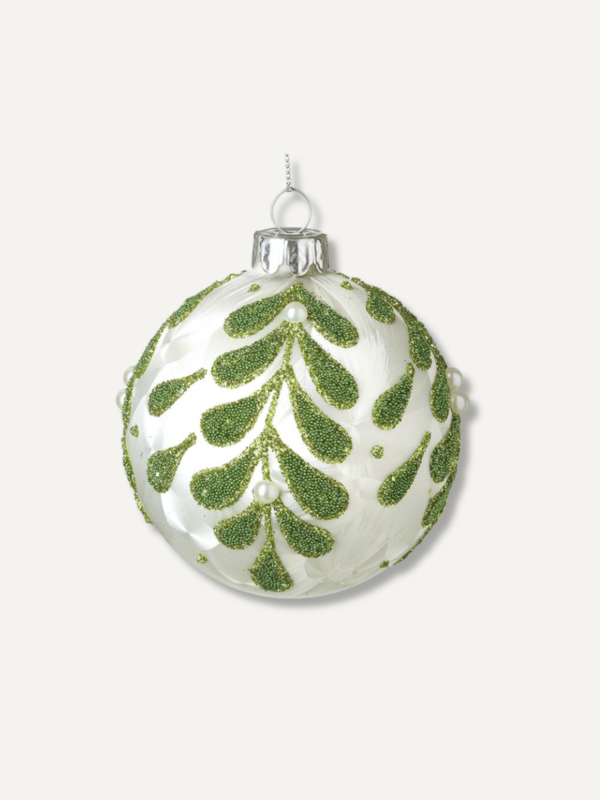 Ivory Glass Leaves and Pearls Christmas Tree Bauble