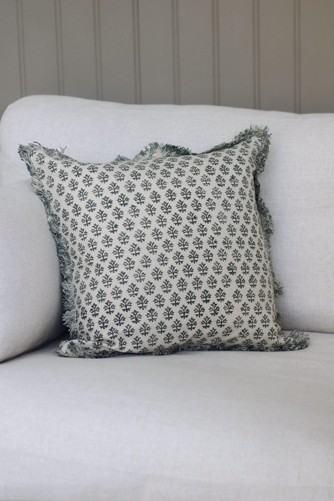 Laurel Green Block Print Fringed Cushion for home decor