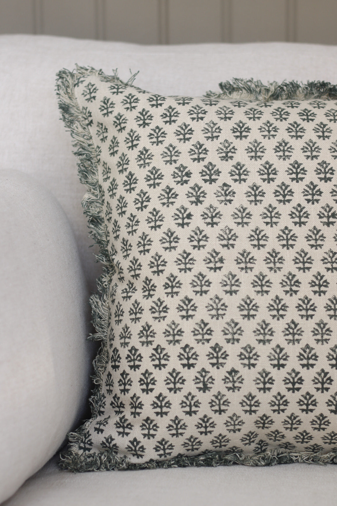 Laurel Green Block Print Fringed Cushion for home decor