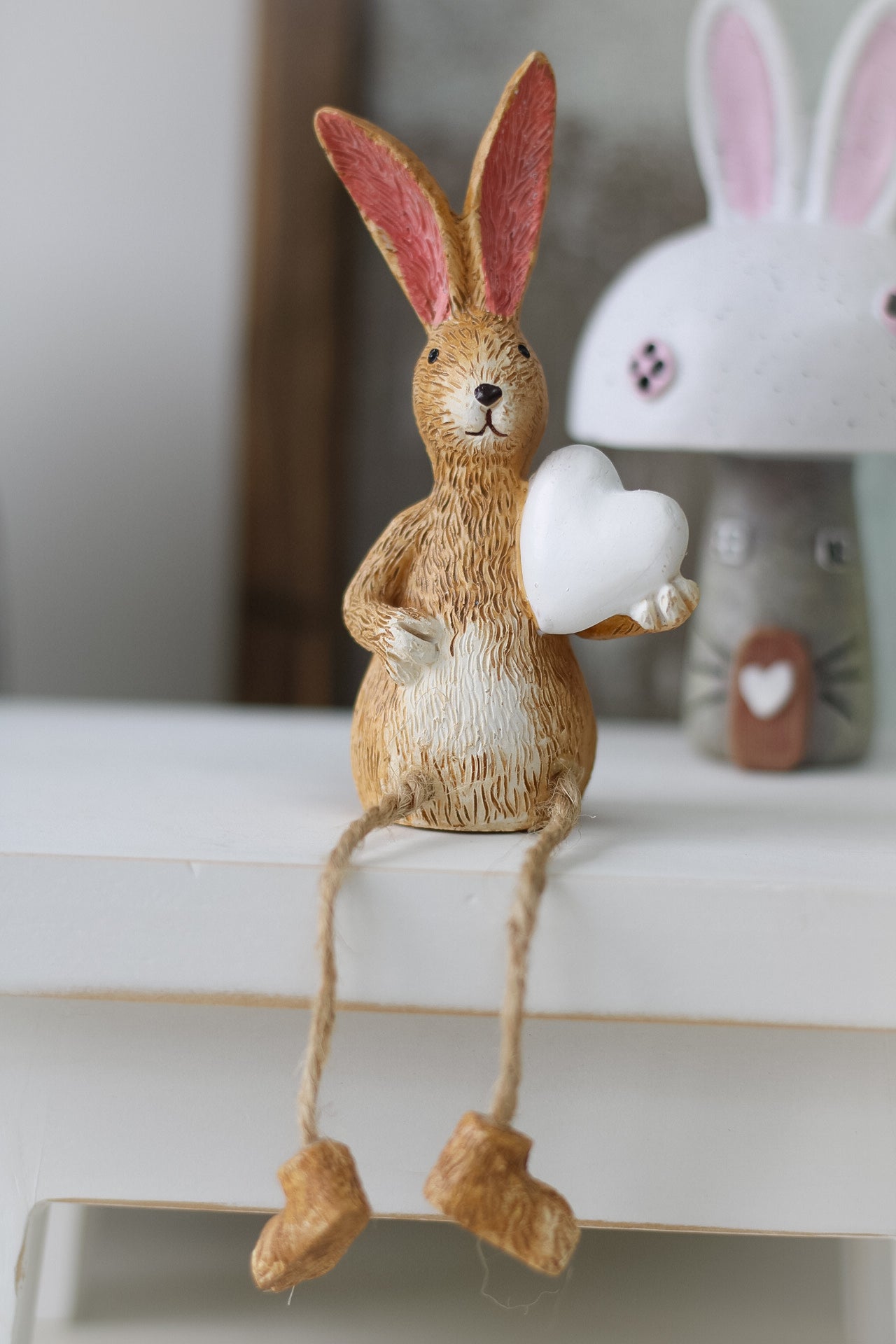 sitting Love Heart Rabbit Ornament with dangly legs for spring decor