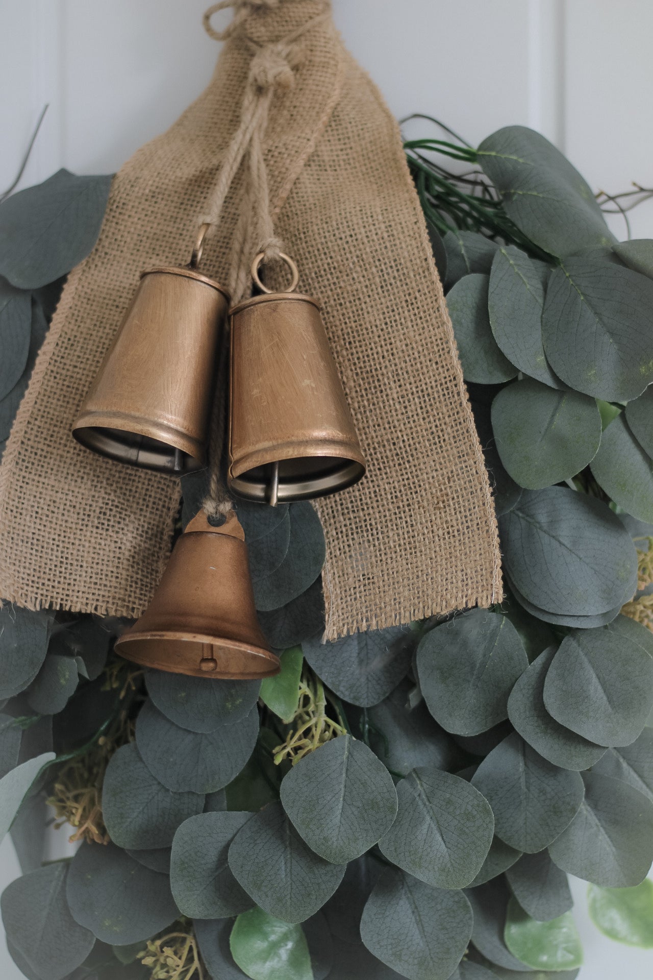 Luxury Faux Christmas Eucalyptus Swag Wreath with Burlap Bow and Bells 002