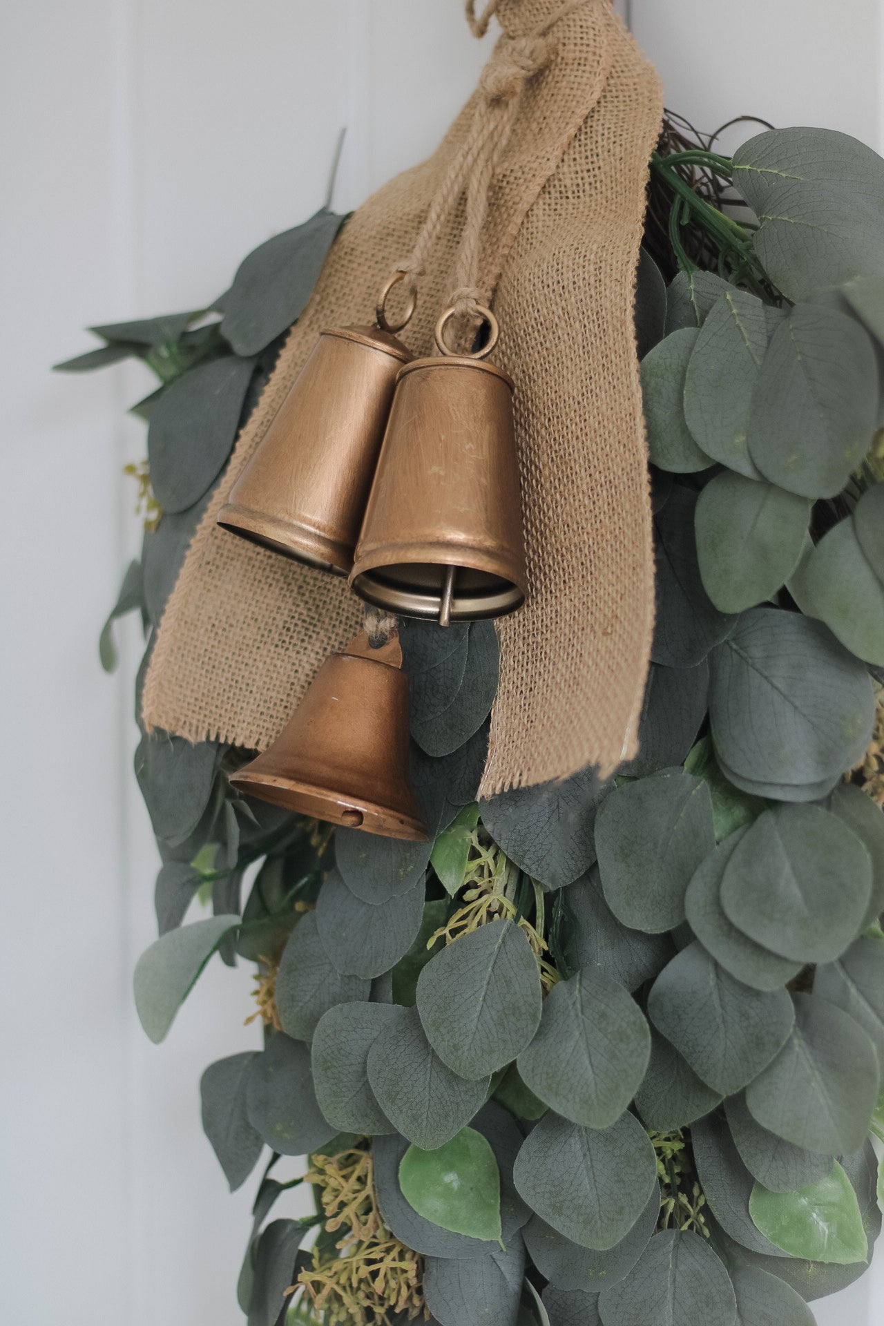 Luxury Faux Christmas Eucalyptus Swag Wreath with Burlap Bow and Bells 003