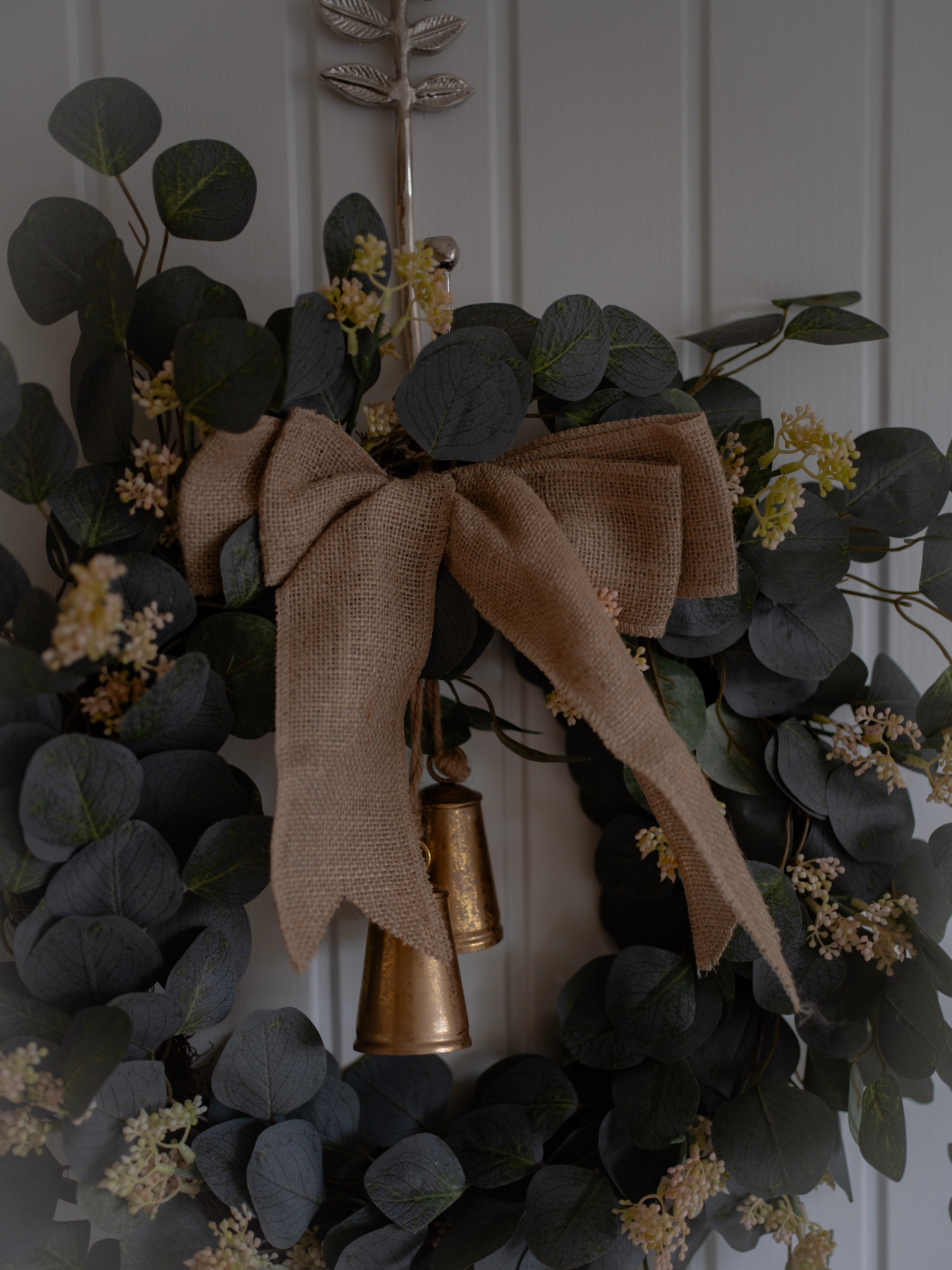 Luxury Faux Christmas Eucalyptus Wreath with Burlap Bow and Bells