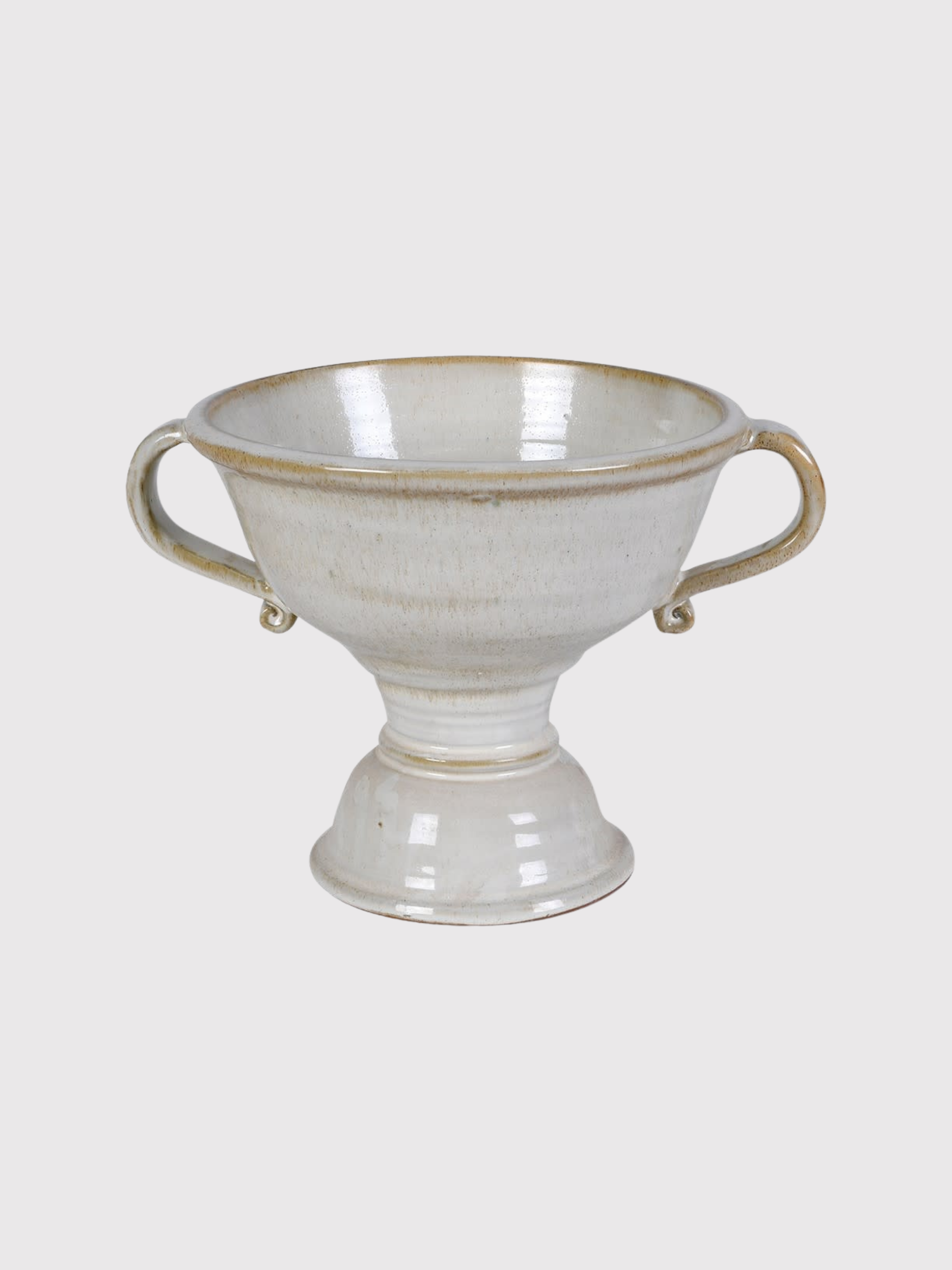 White ceramic urn vase with handles on a light gray background