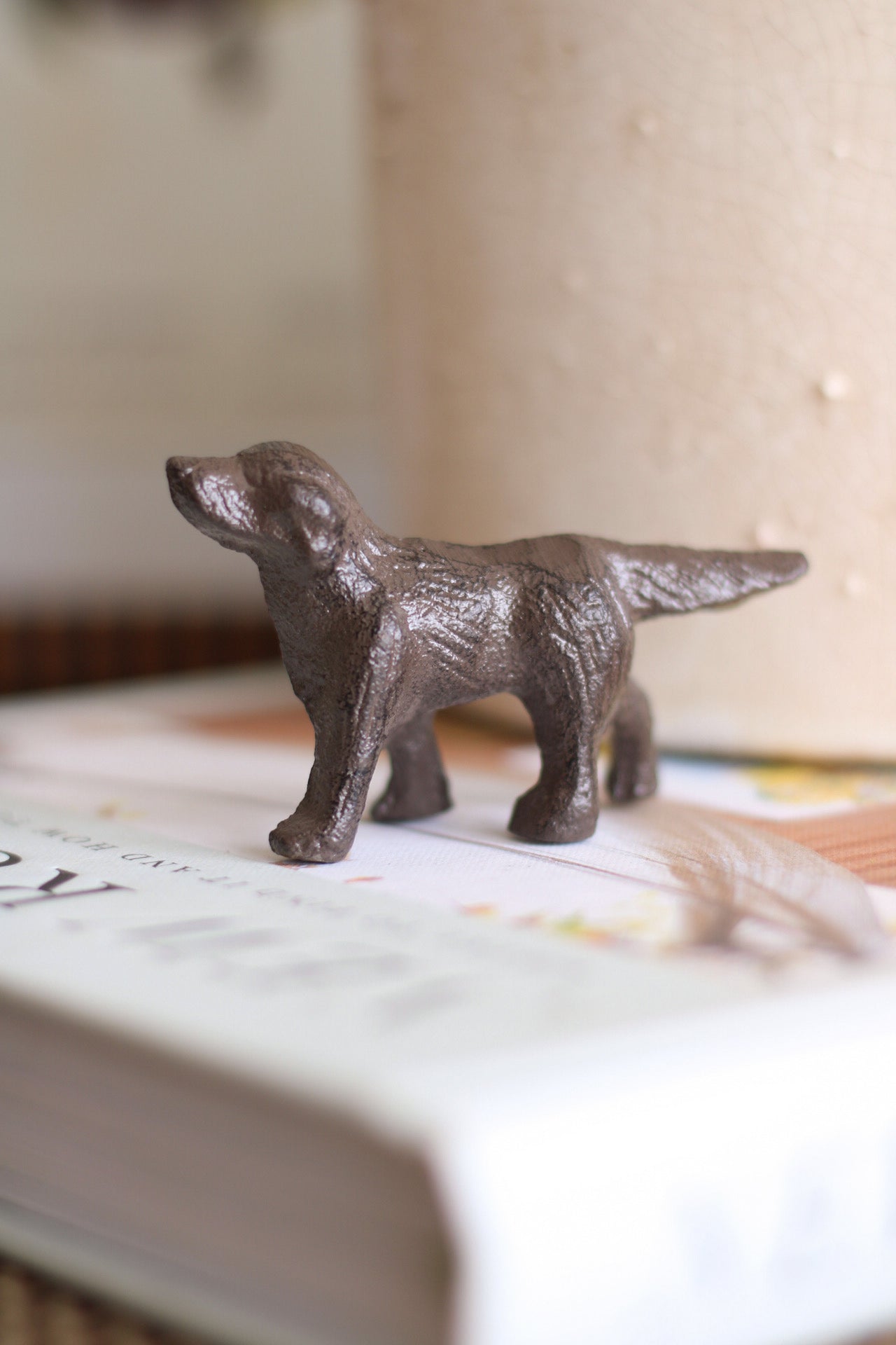 Bronze dog figurine on a book with a blurred background