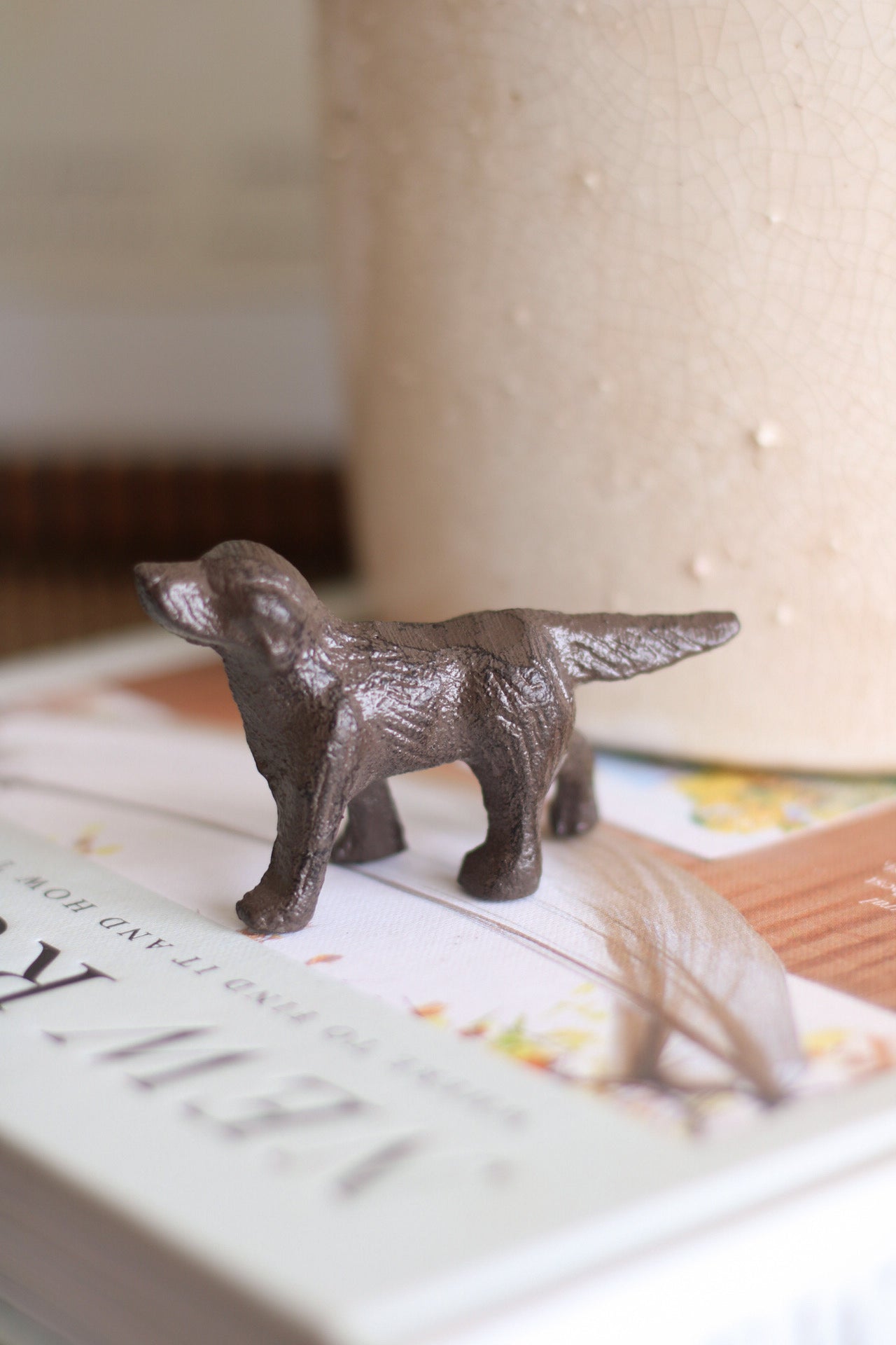 Bronze dog figurine on a magazine with a blurred background