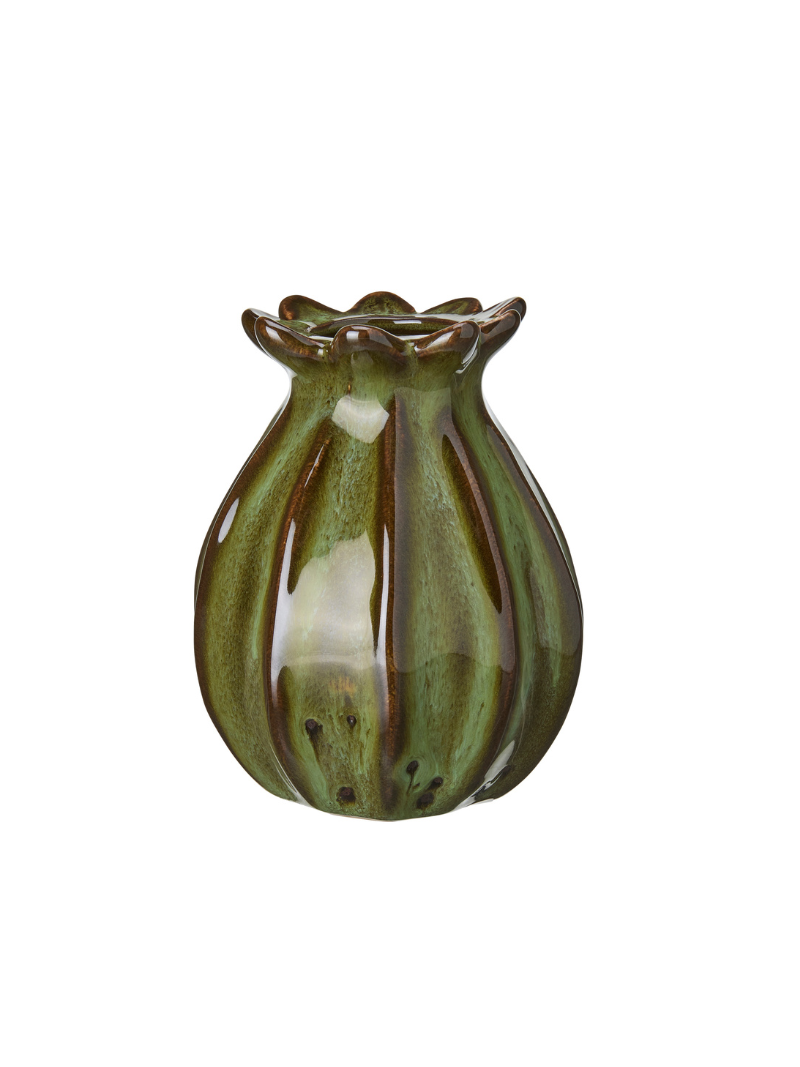 Green ceramic poppy head vase with brown accents on a white background