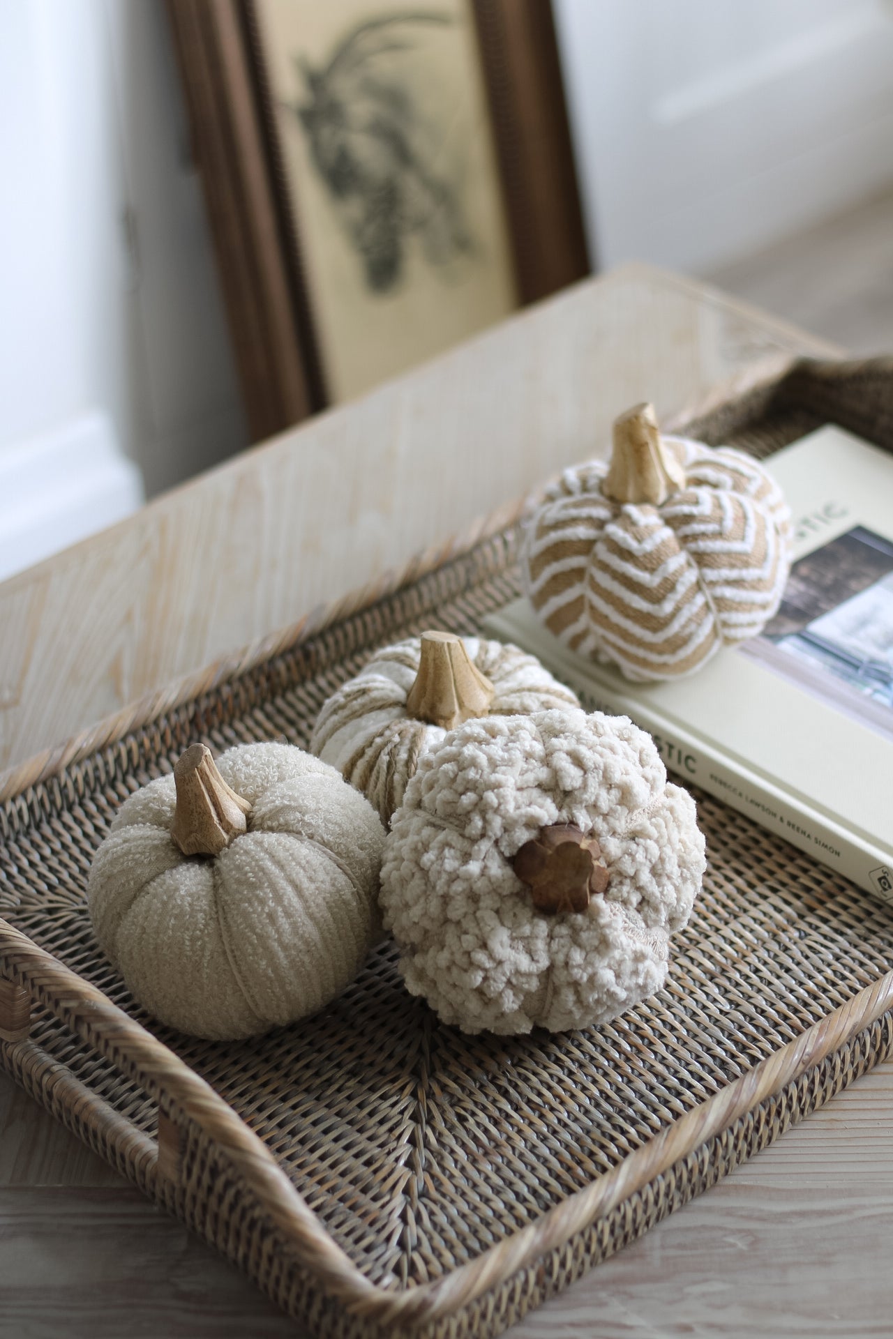 Neutral Fabric Pumpkin with Wooden Stalk