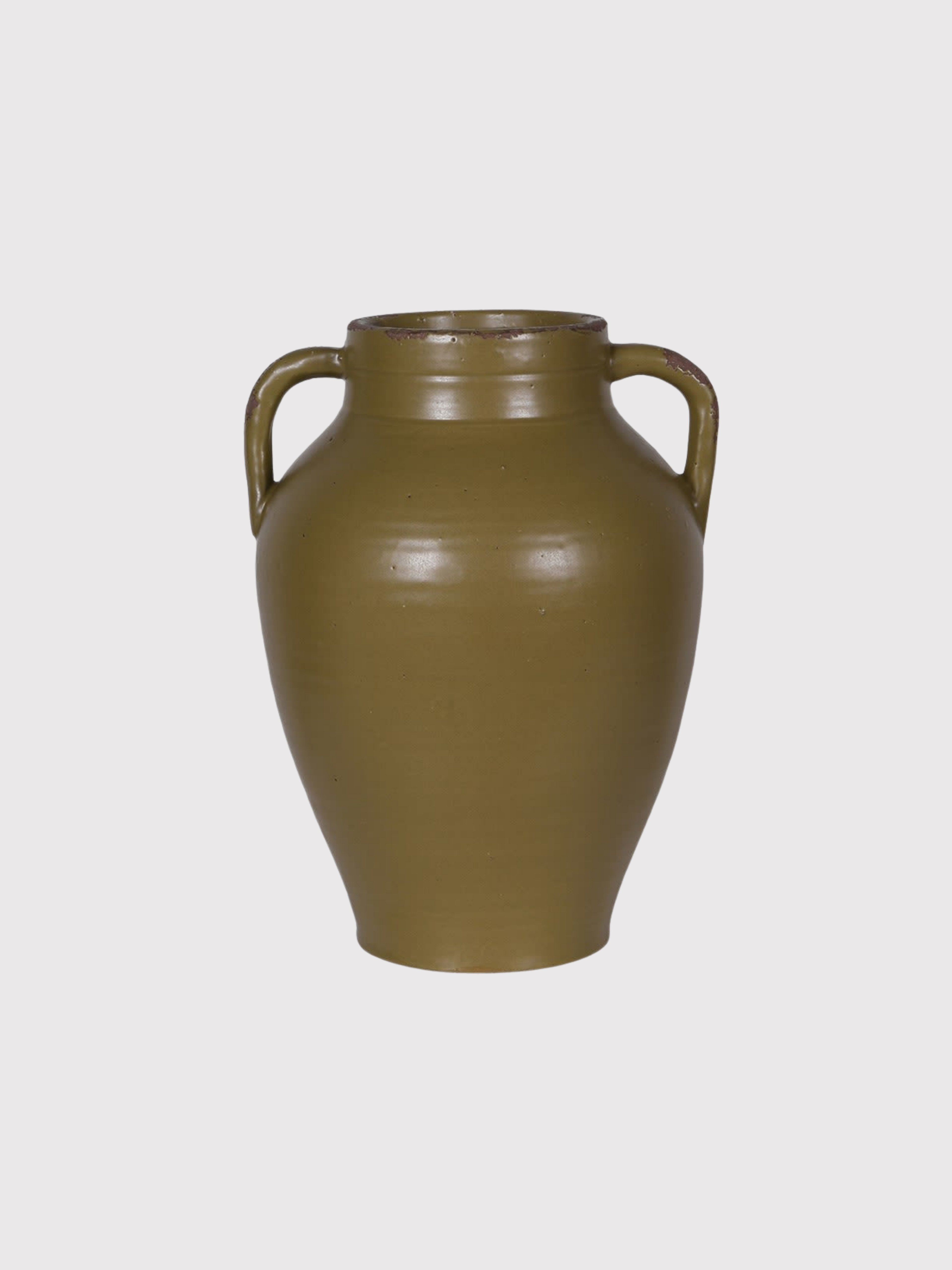 olive green tall ceramic vase with handles on a light gray background