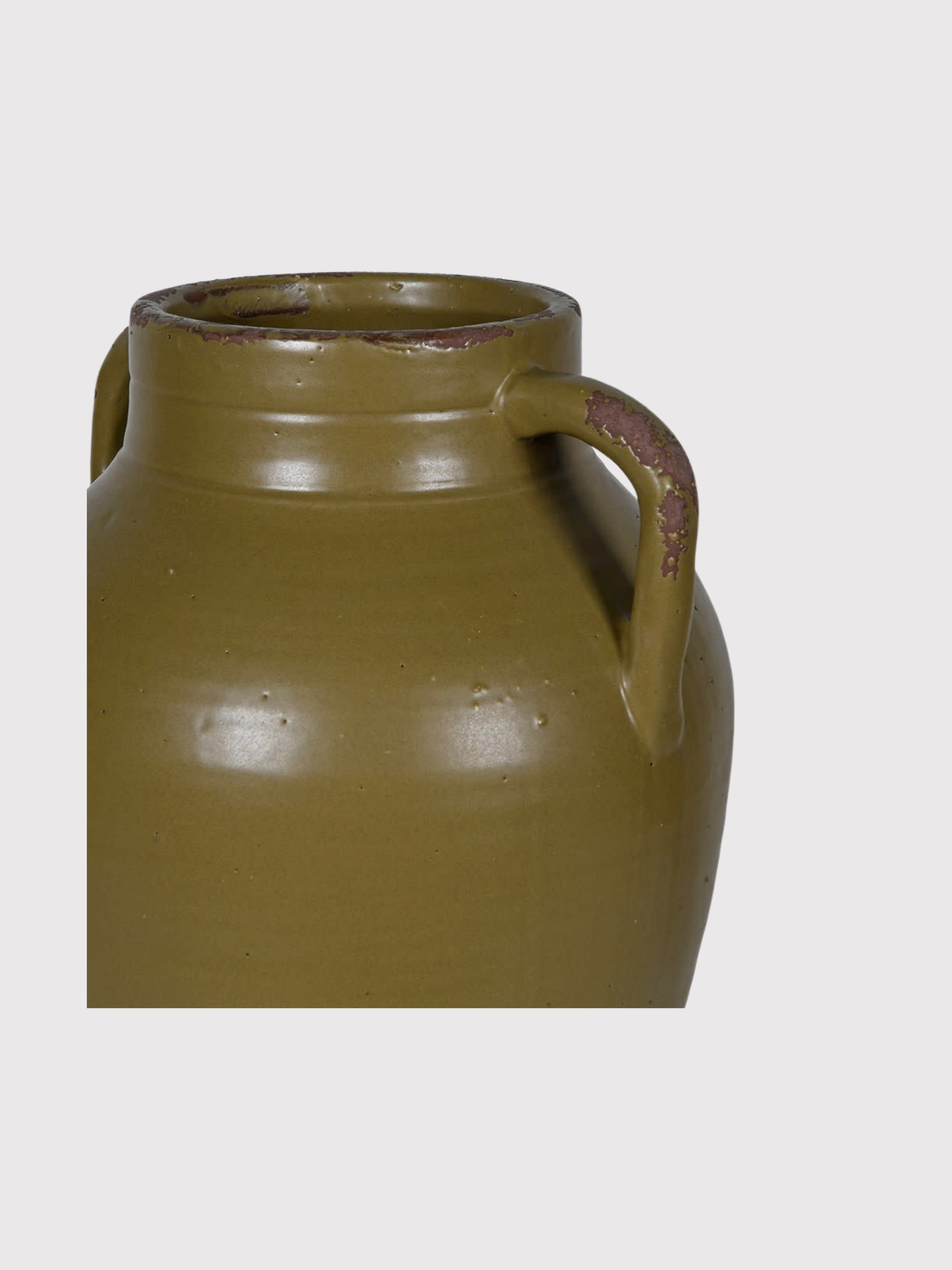 Green ceramic vase with handles on a white background