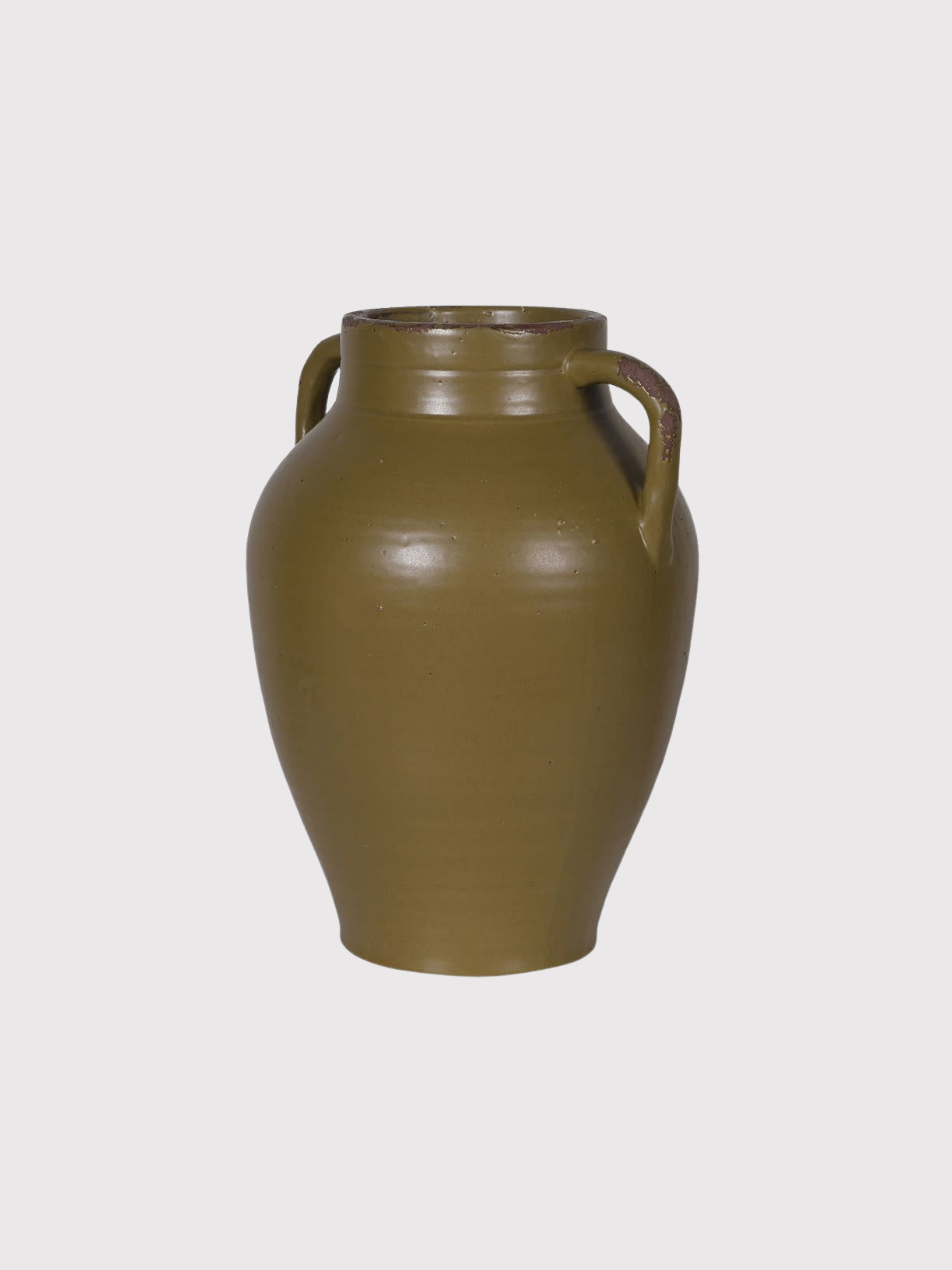 olive green tall ceramic vase with handles on a light gray background