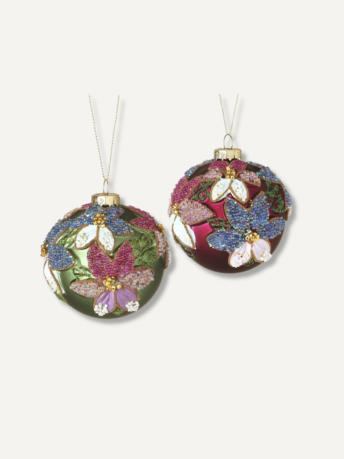Pair of Green and Pink Embroidered Glass Christmas Baubles