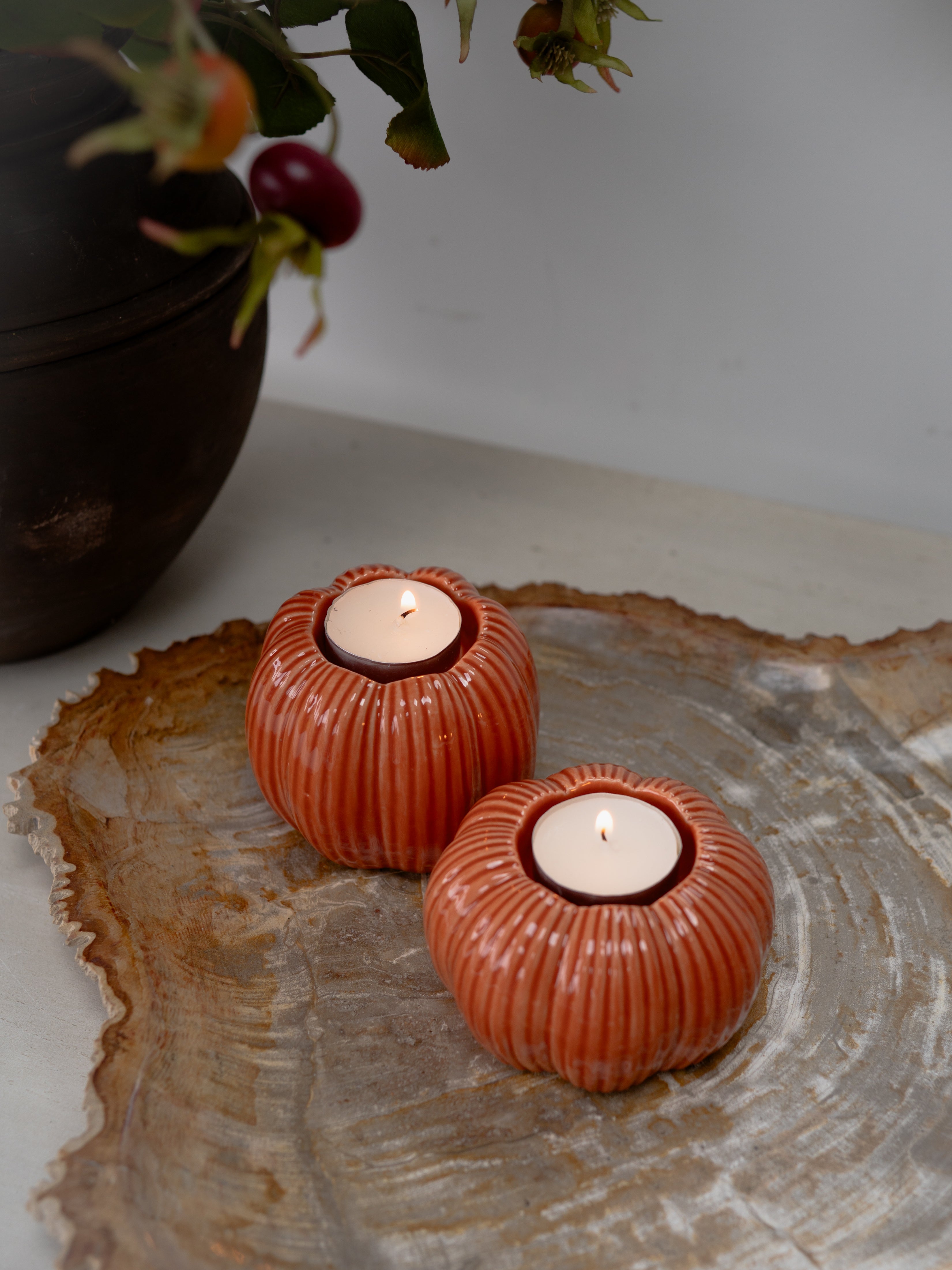 Pair of Stoneware Orange Pumpkin Tea Light Holders