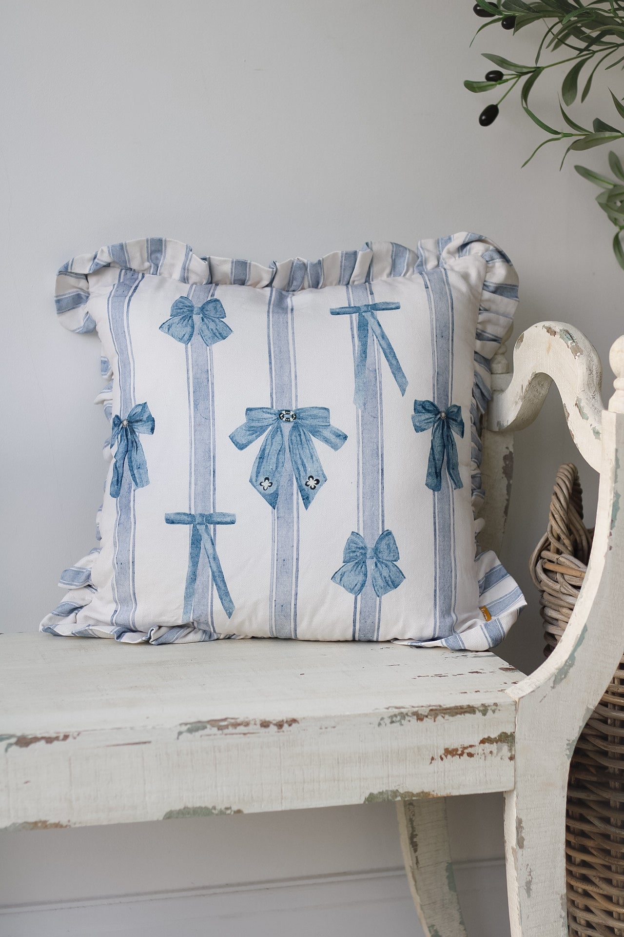 Pale Blue Bows Ruffle Printed Cushion for cosy home decor