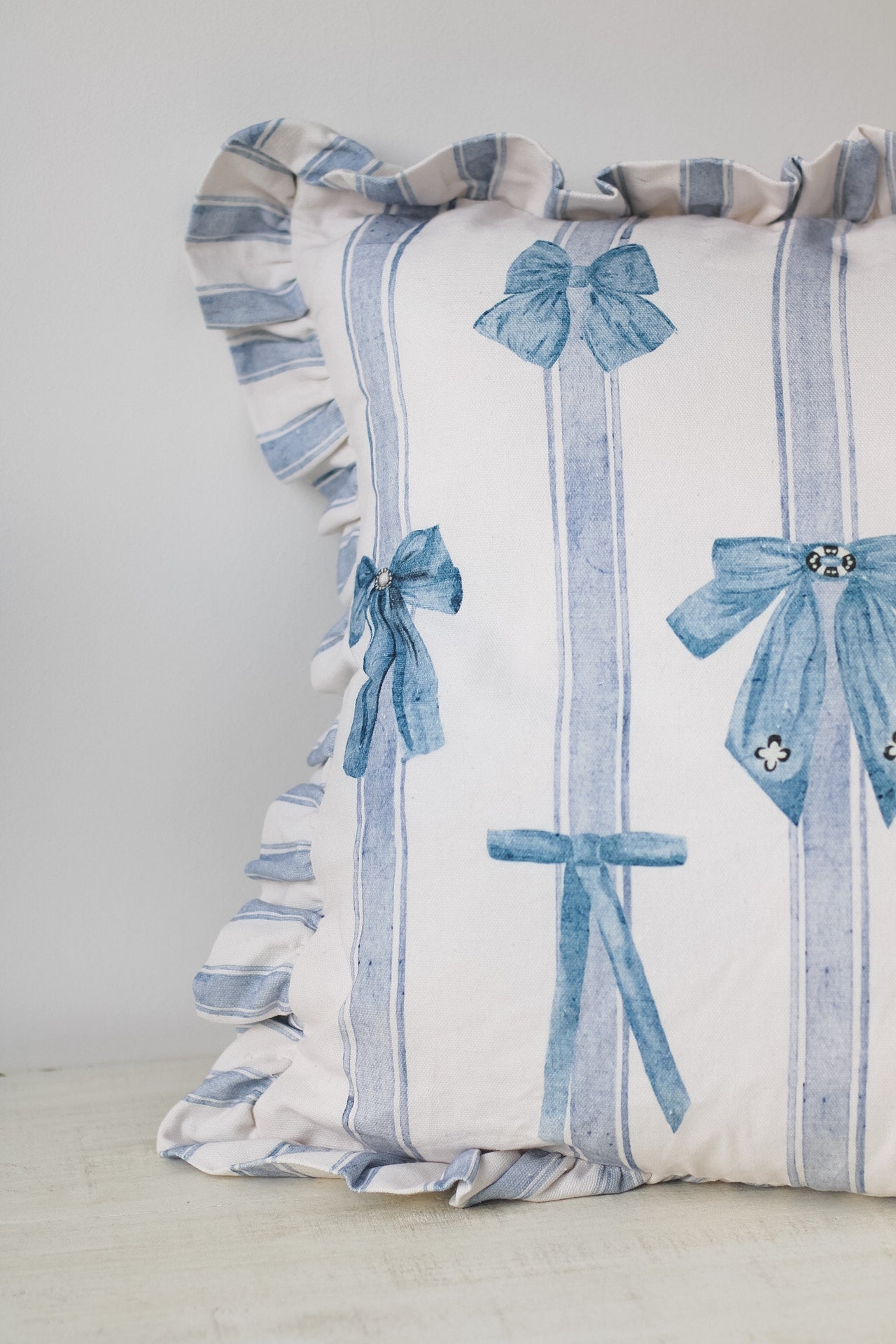Pale Blue Bows Ruffle Printed Cushion for cosy home decor