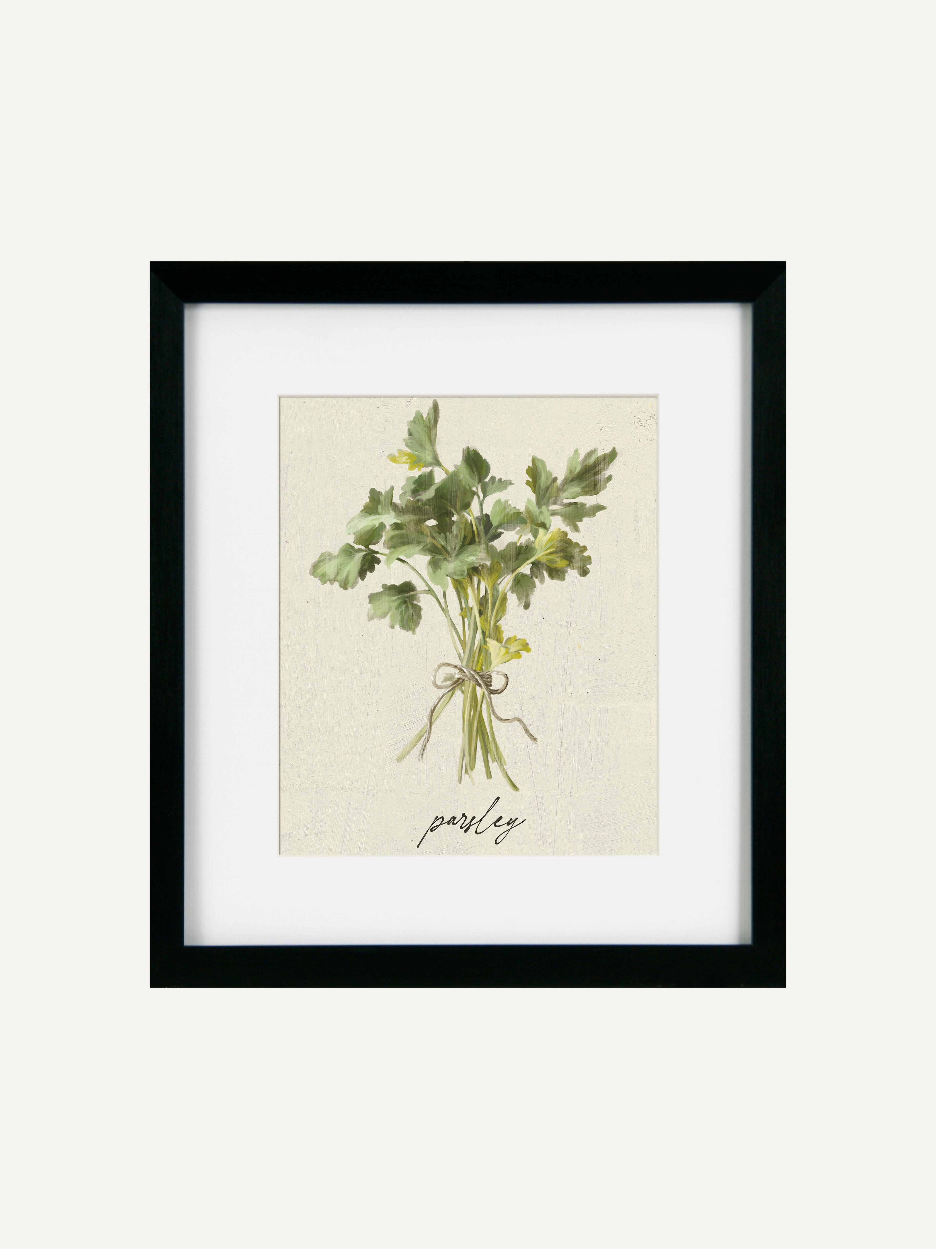 Framed artwork of a bouquet of parsley on a beige background