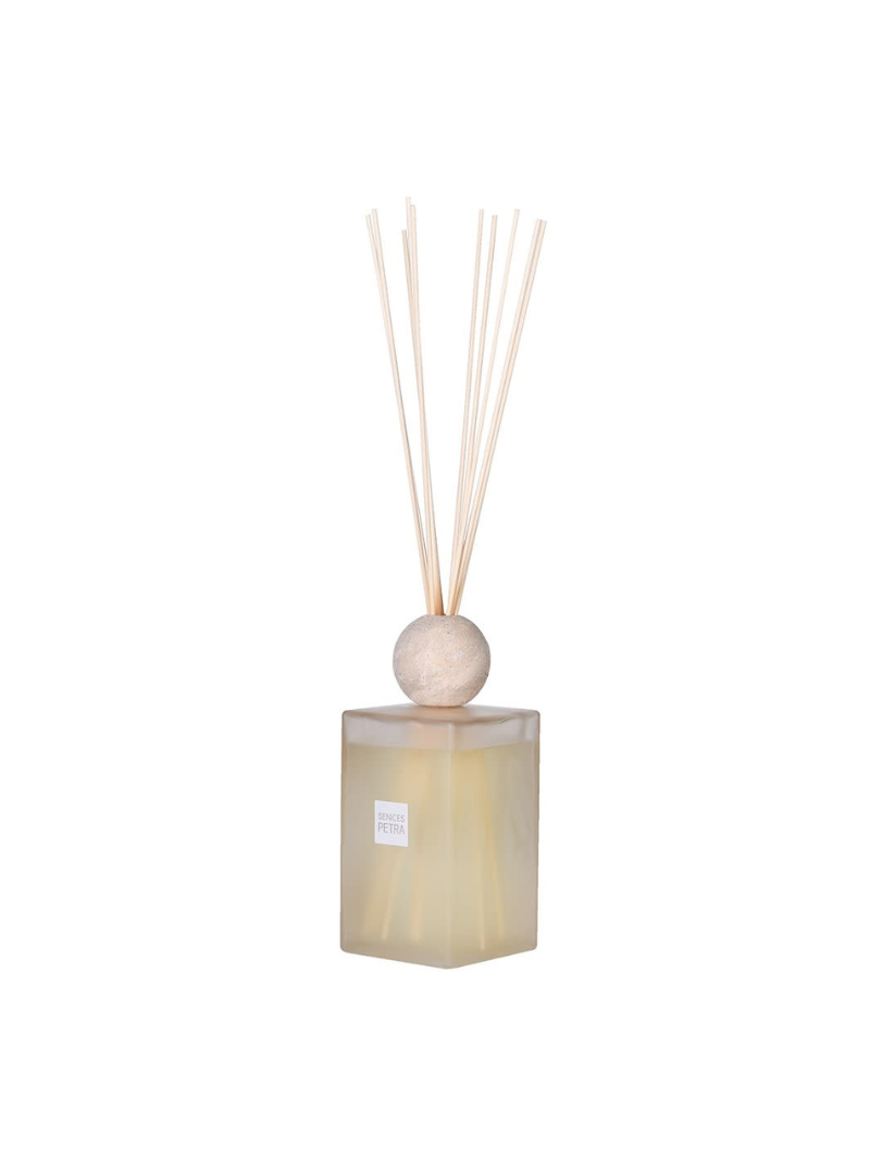 Luxury Reed diffuser with a glass container and wooden sticks on a white background