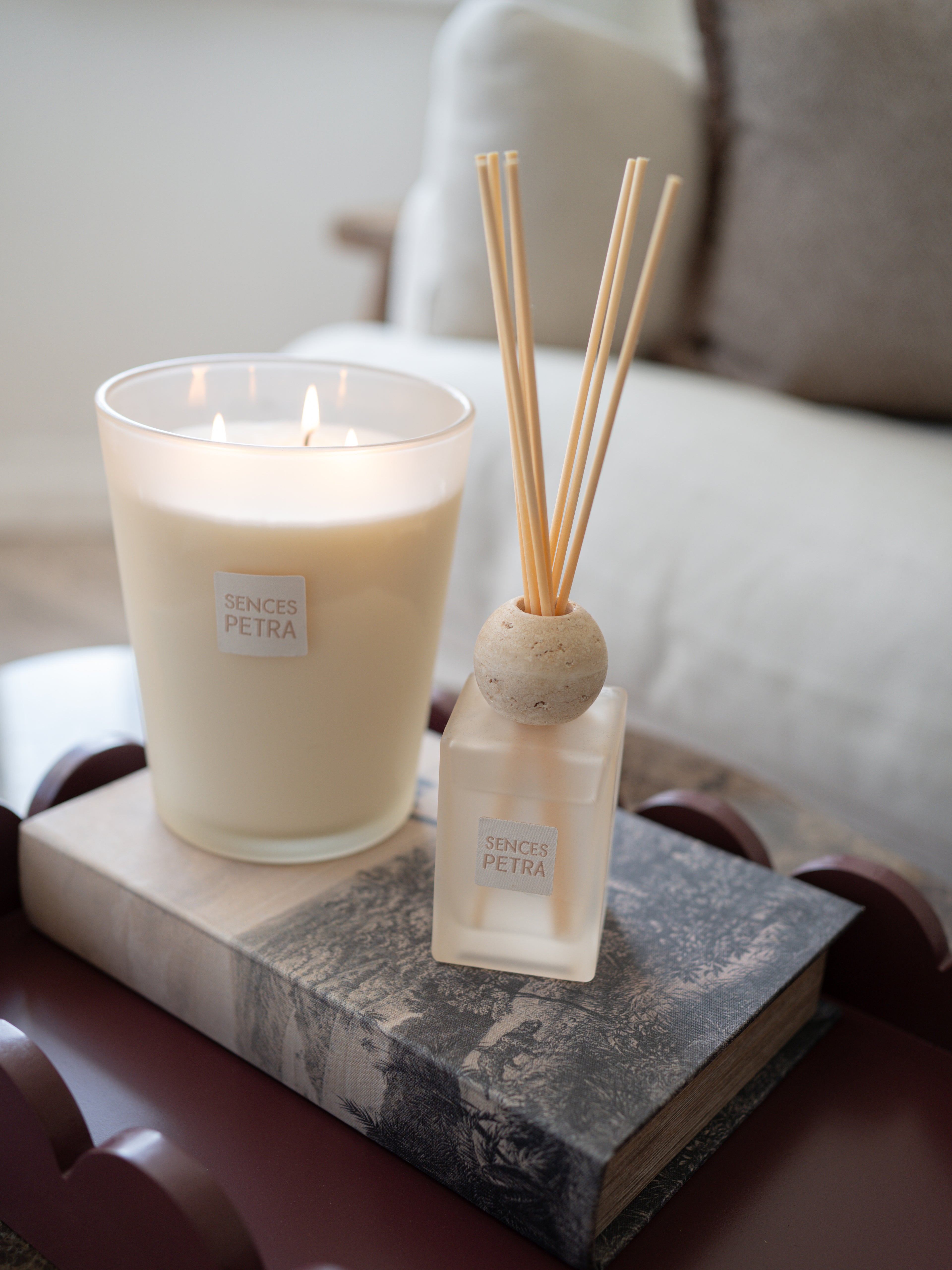 A lit candle and a reed diffuser set on a decorative book in a softly styled interior. The candle is in a frosted glass jar with visible wicks and a small label reading &