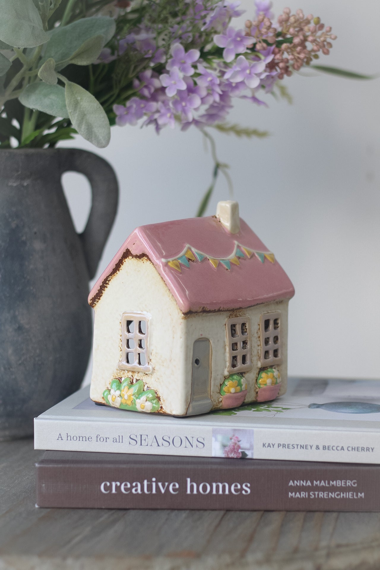 Pink Ceramic Spring Cottage with Bunting Tea Light Holder