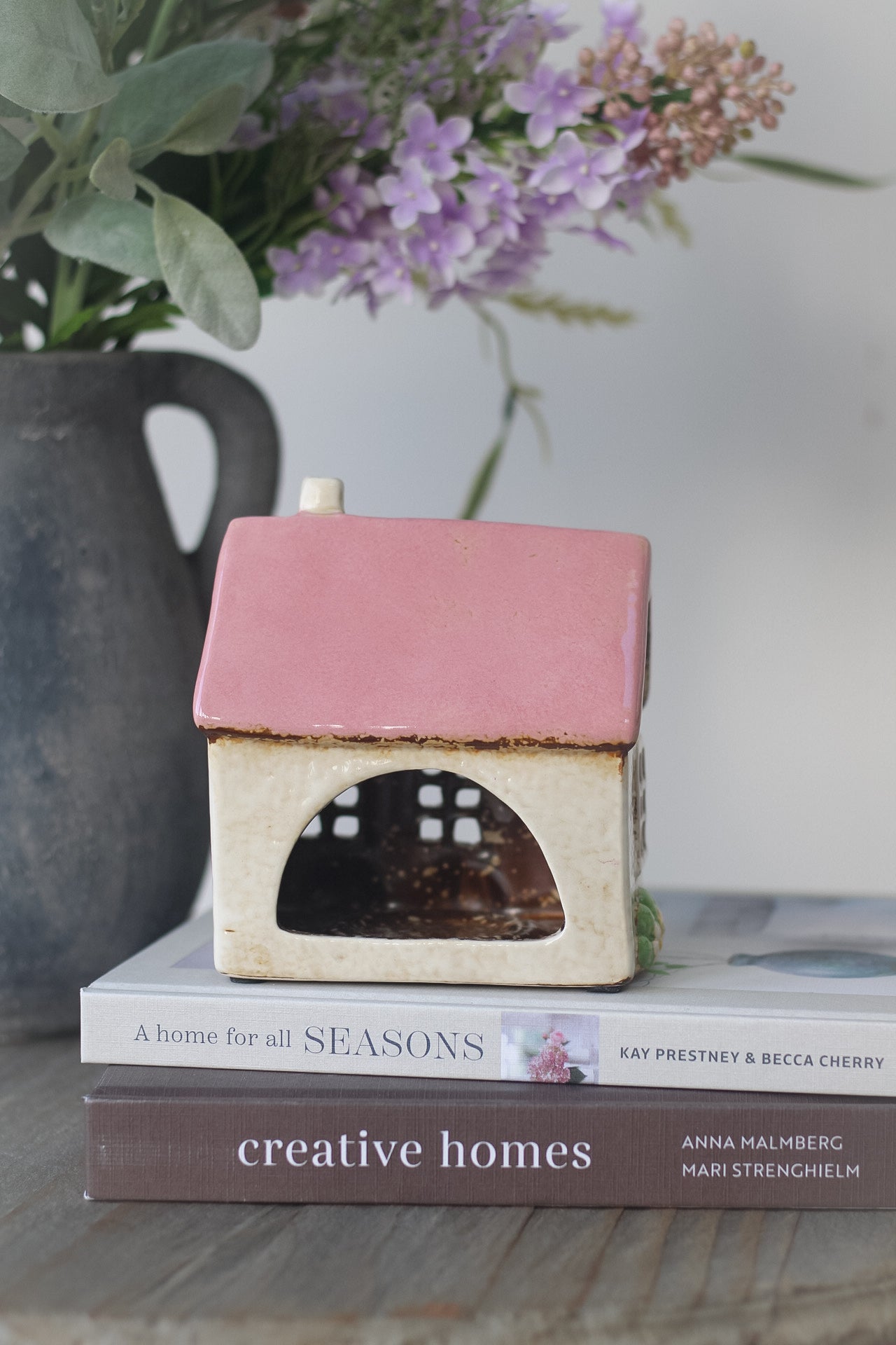 Pink Ceramic Spring Cottage with Bunting Tea Light Holder